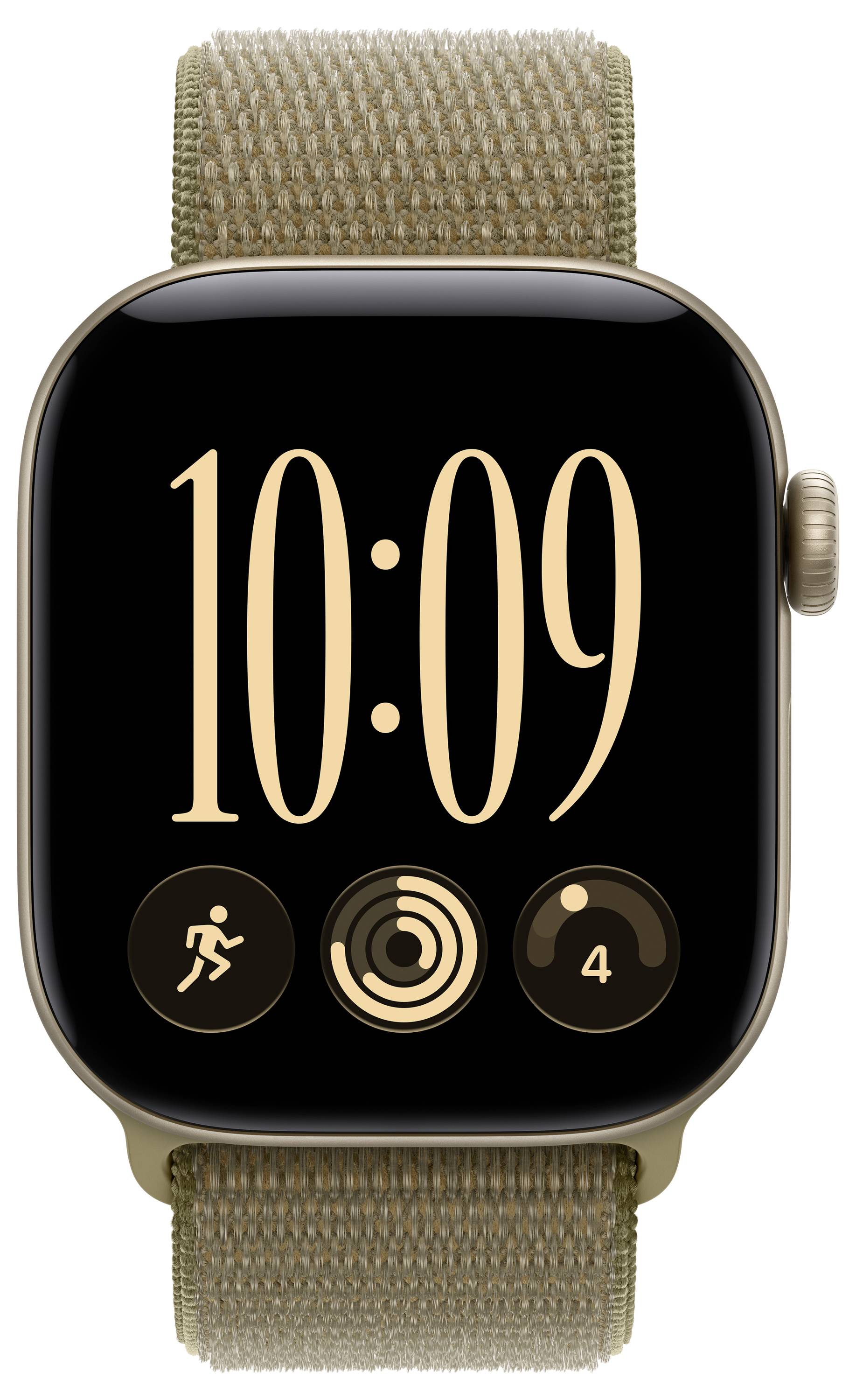Gold Apple Watch mit geomeltem braunem Gewebeband, zeigt 10:09 Uhr und drei Activity-Komplikationssymbole auf einem schwarzen Zifferblatt an.