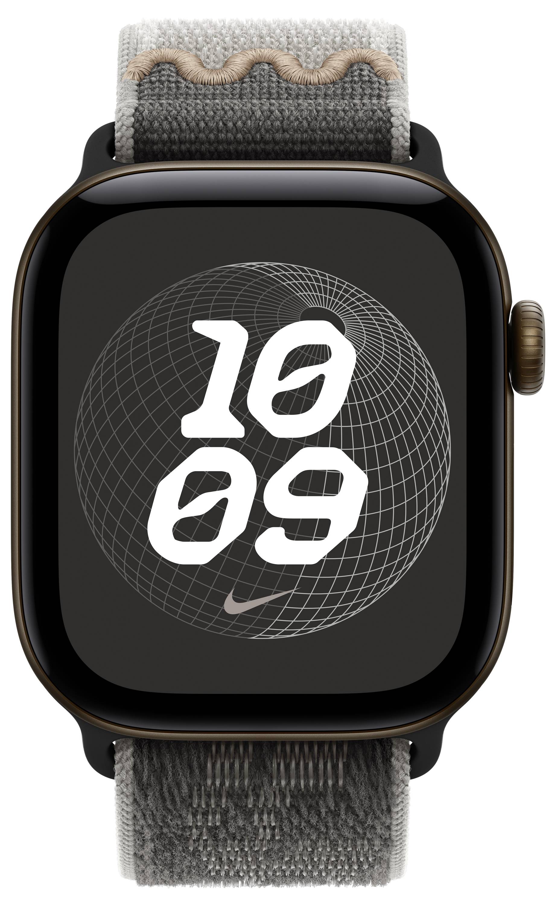 Schwarze Apple Watch mit gewebtem grauem Armband, zeigt ein digitales Zifferblatt mit großen weißen "10 09" über einem Drahtgitter-Globus und kleinem Nike-Logo.