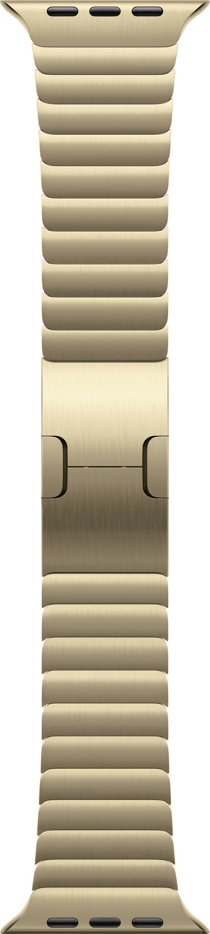 Goldmetalluhr-Armband mit verstellbarem Verschluss, vertikal auf weißem Hintergrund dargestellt.