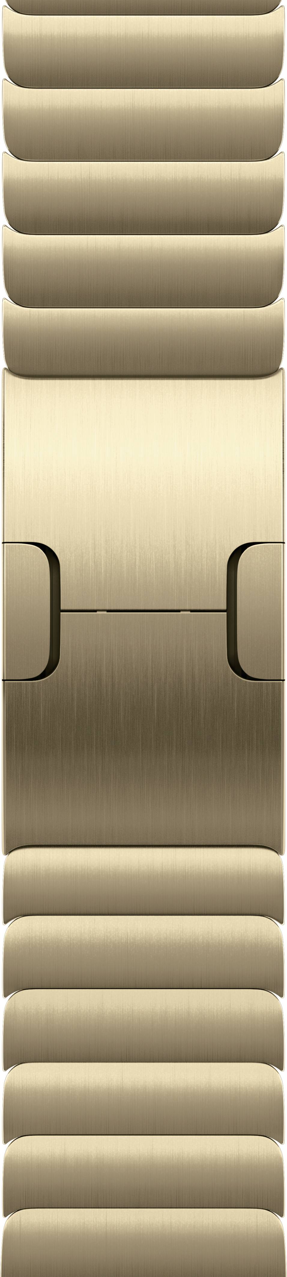 Nahaufnahme eines Glieds aus einem Goldmetall-Uhrenarmband, das eine gebürstete Mitte und polierte äußere Glieder zeigt.
