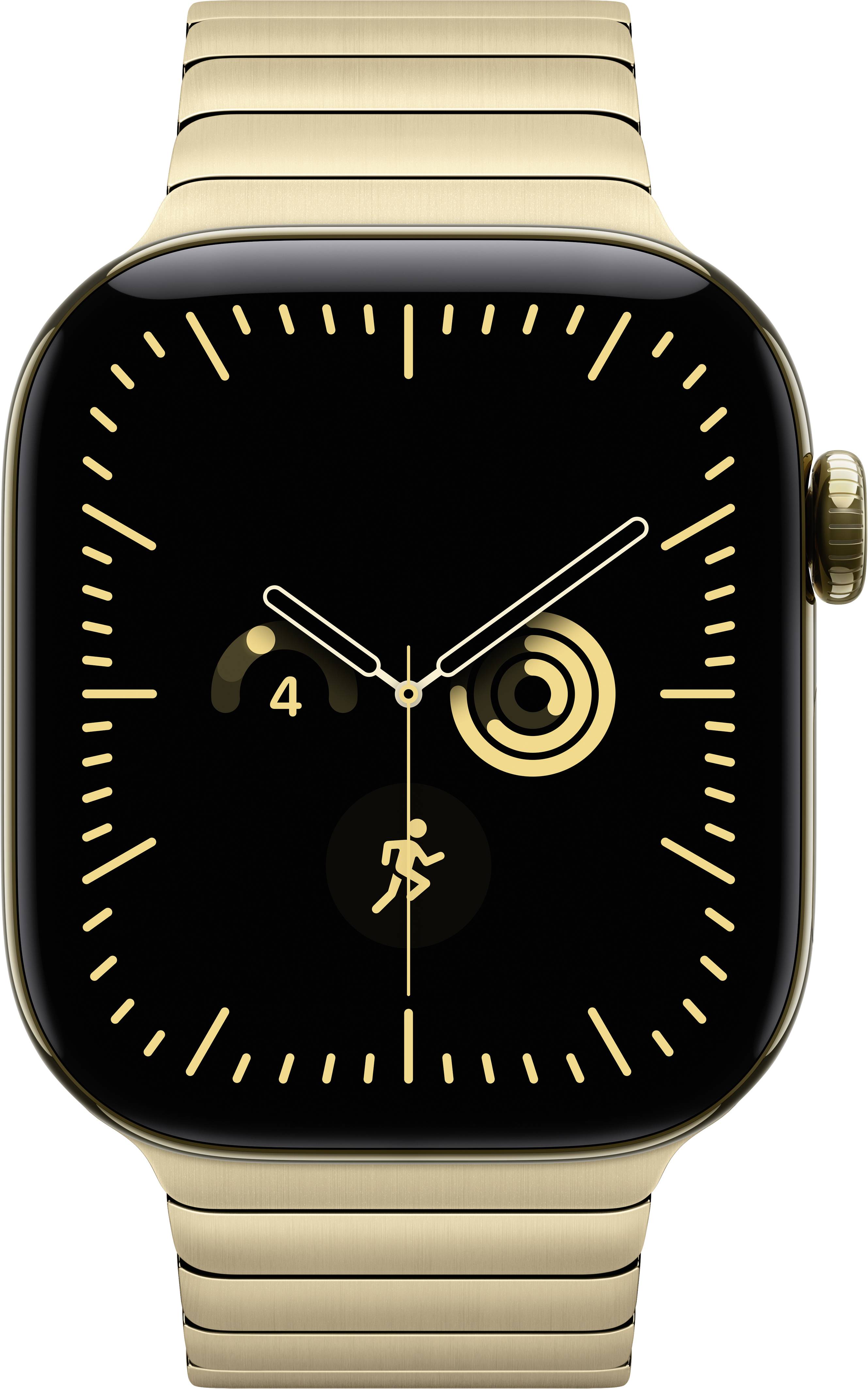 Goldene Smartwatch mit schwarzem Analogzifferblatt, das 4:10 anzeigt und Aktivitätsringe zeigt, mit einem Trainings-Symbol am unteren Rand.