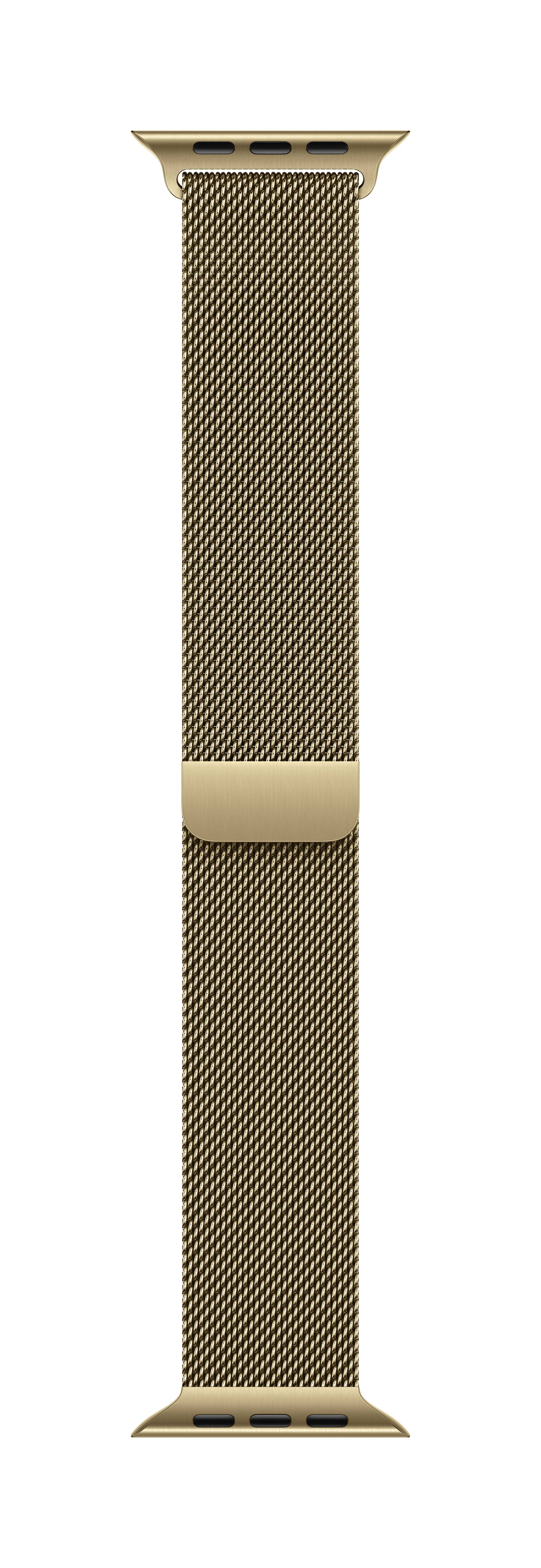 Goldenes Mesh-Uhrenarmband mit zentraler Schließe, vertikal auf weißem Hintergrund dargestellt.