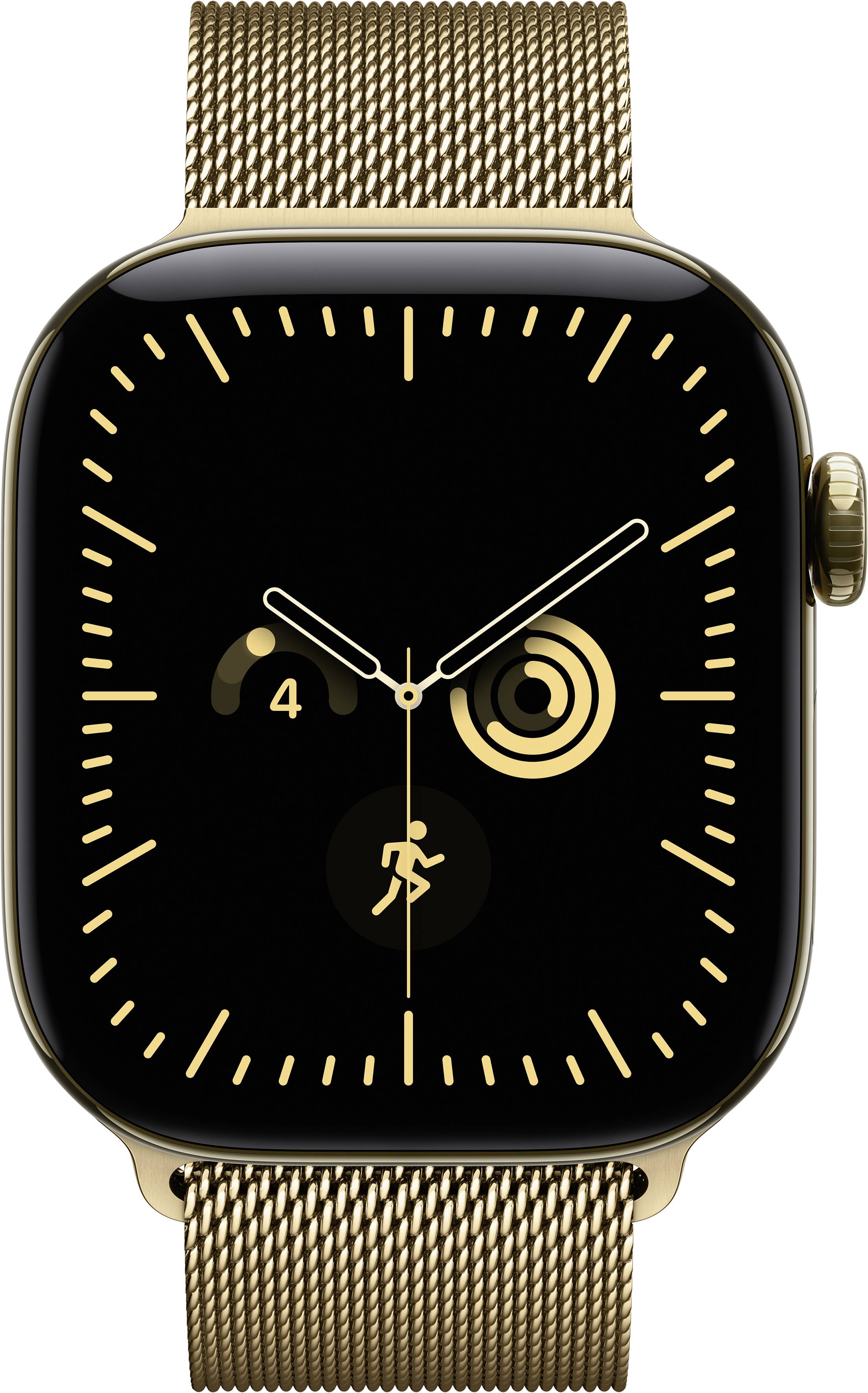 Goldene Apple Watch mit schwarzem Zifferblatt, analoge Zeiger, kreisförmige Aktivitätsringe und ein Laufsymbol in der Mitte.