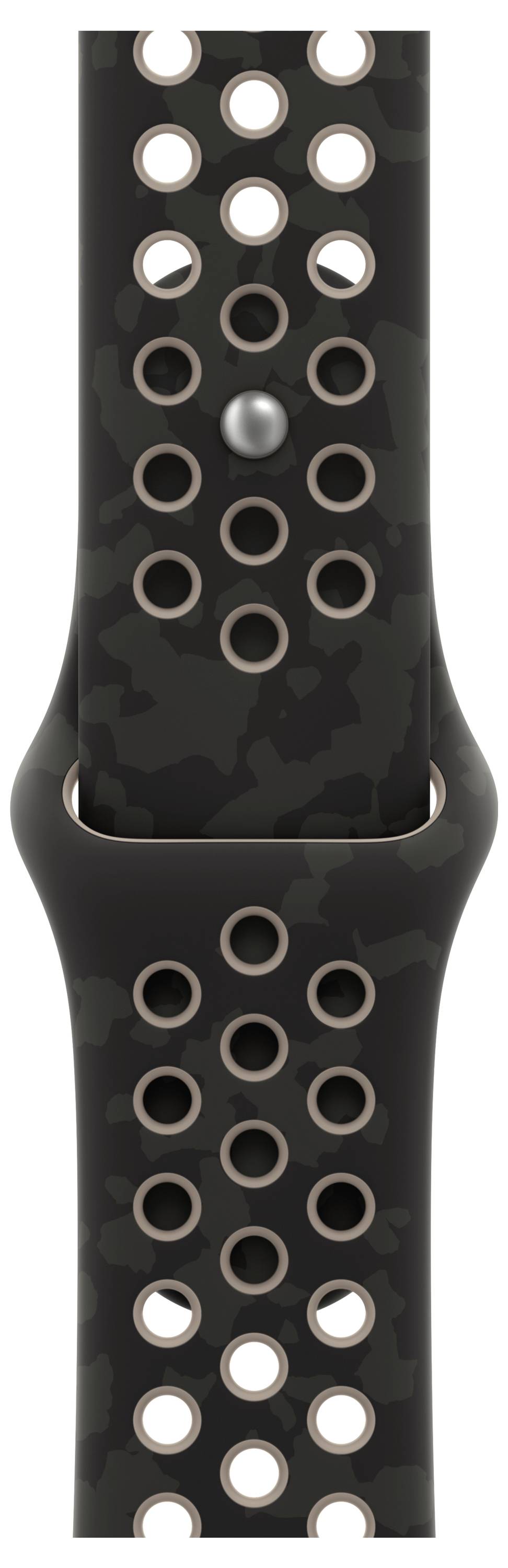 Nahaufnahme eines dunklen Smartwatch-Armbands mit perforierten Löchern und einer Metallschließe, vertikal auf weißem Hintergrund dargestellt.