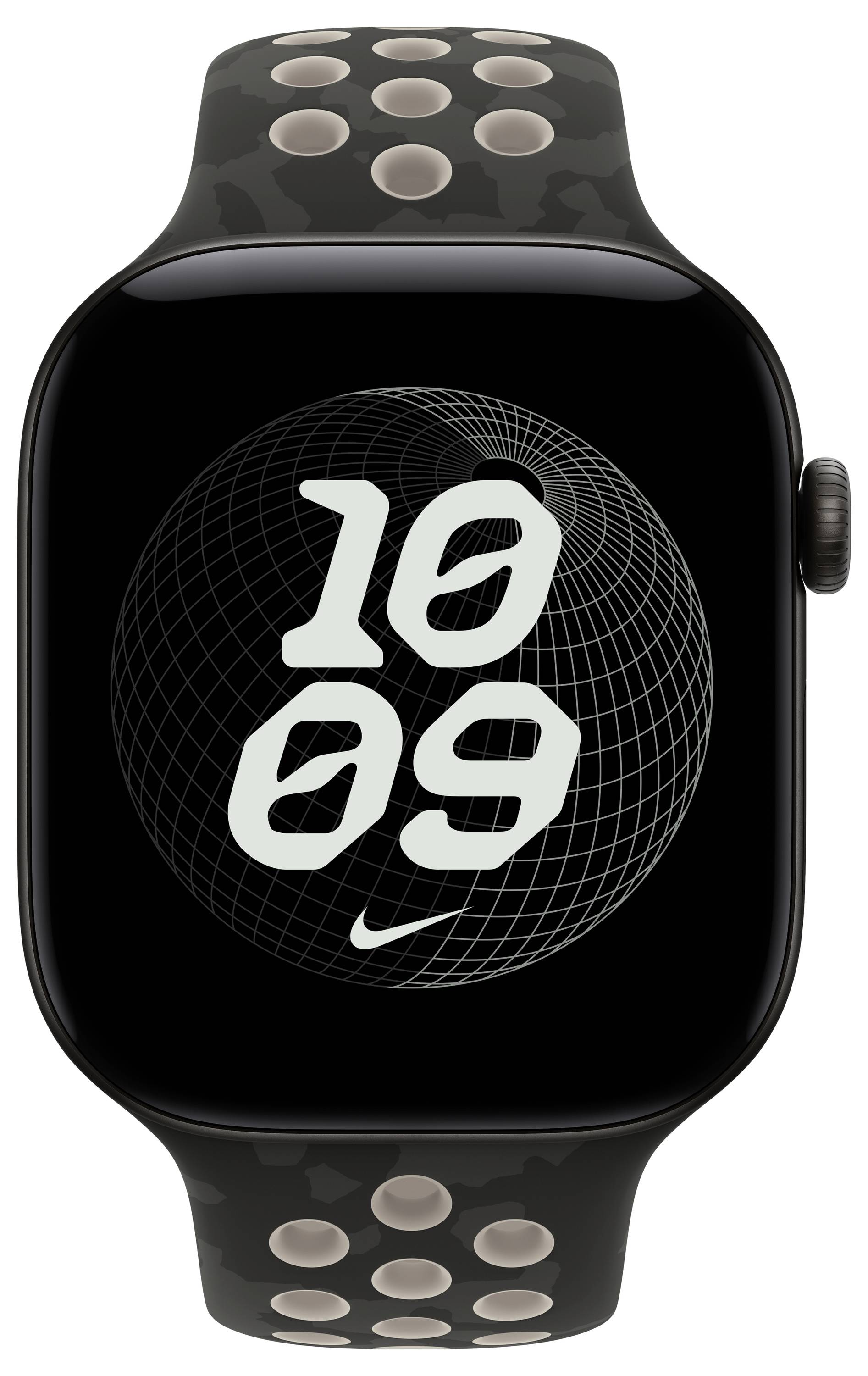 Black Apple Watch mit perforiertem Sportarmband, das ein schwarzweißes 10:09-Zifferblatt und das Nike-Logo auf dem Display zeigt.