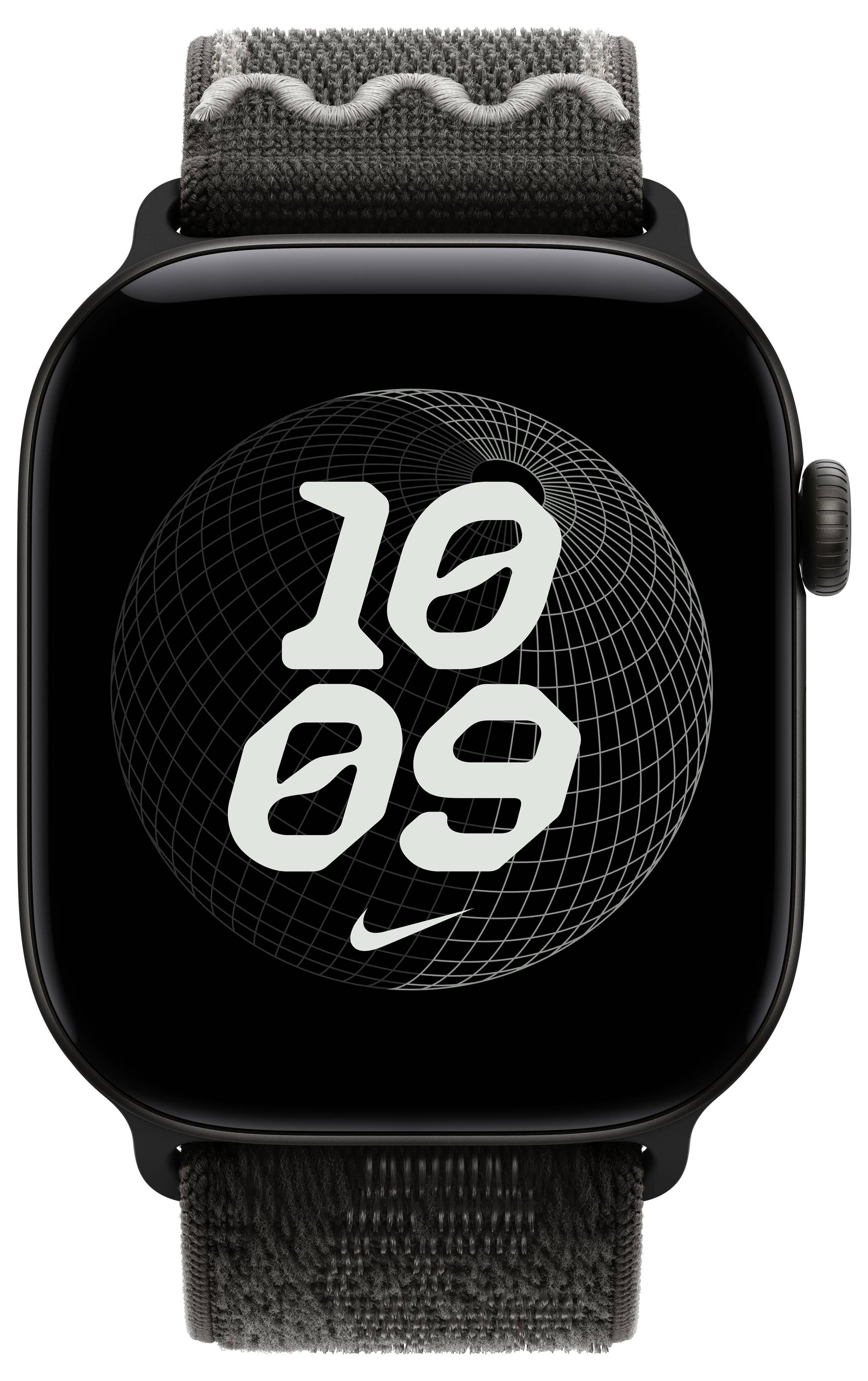 Schwarze Apple Watch mit Stoffarmband, die ein digitales Display mit der Uhrzeit „10:09" über einer Wireframe-Sphäre und dem Nike-Logo zeigt.