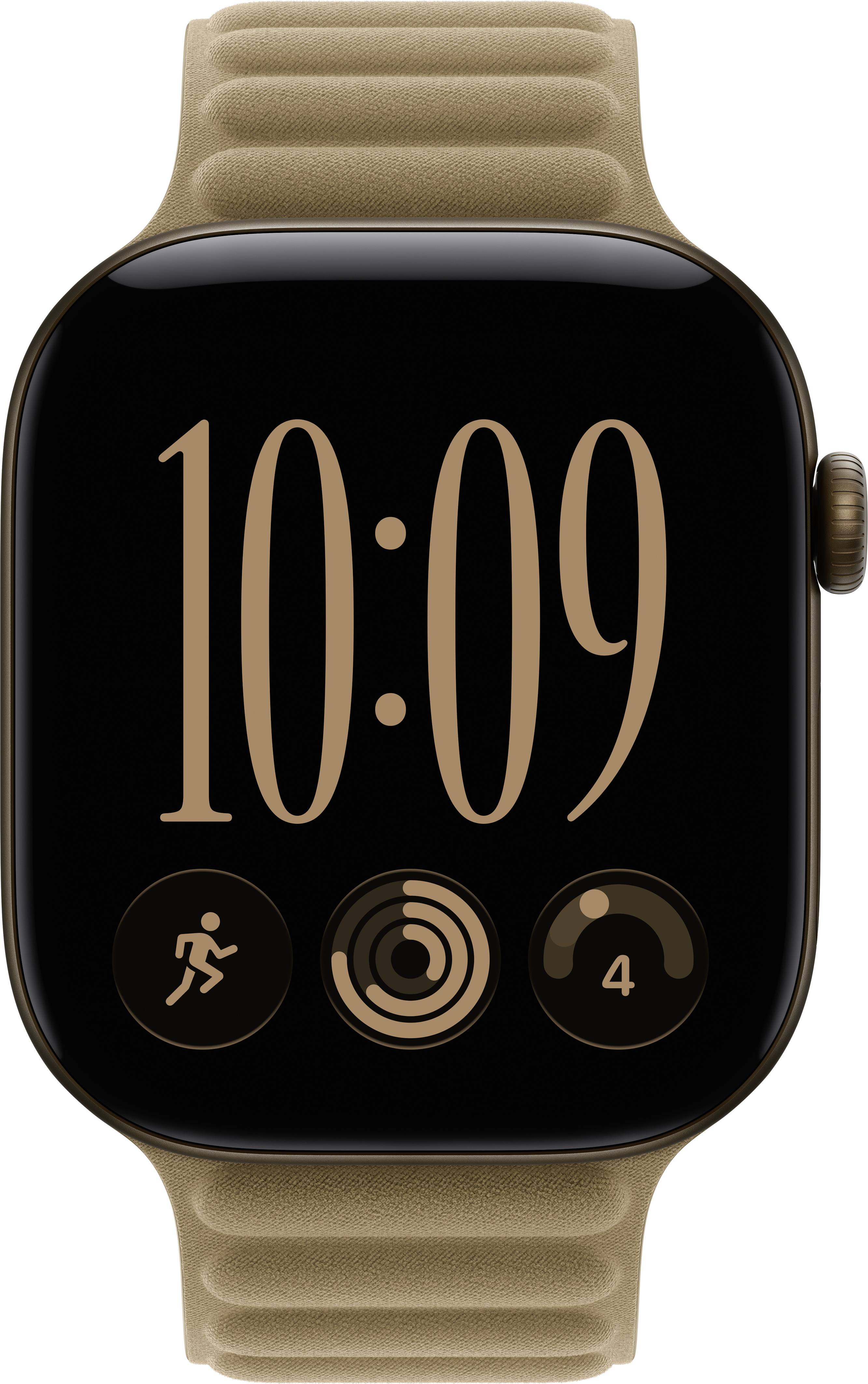 Eine beige Apple Watch mit schwarzem Display zeigt 10:09 und drei kreisförmige Aktivitätssymbole unten an, darunter ein Läufer und ein 4-Abzeichen.