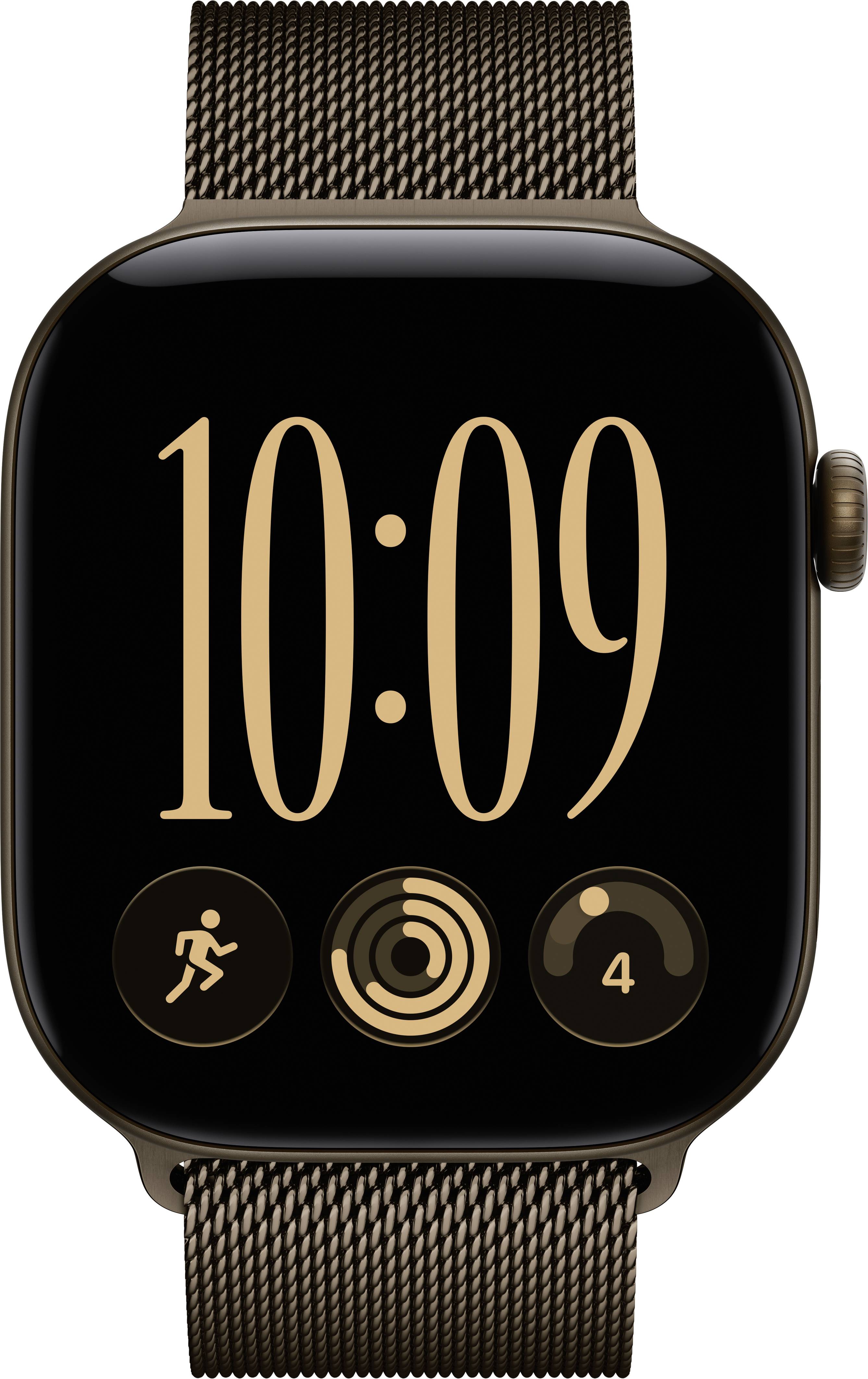Apple Watch mit schwarzem Bildschirm, das die Uhrzeit 10:09 anzeigt und drei Aktivitäts-Komplikationssymbole unten auf einem Woven-Band hat