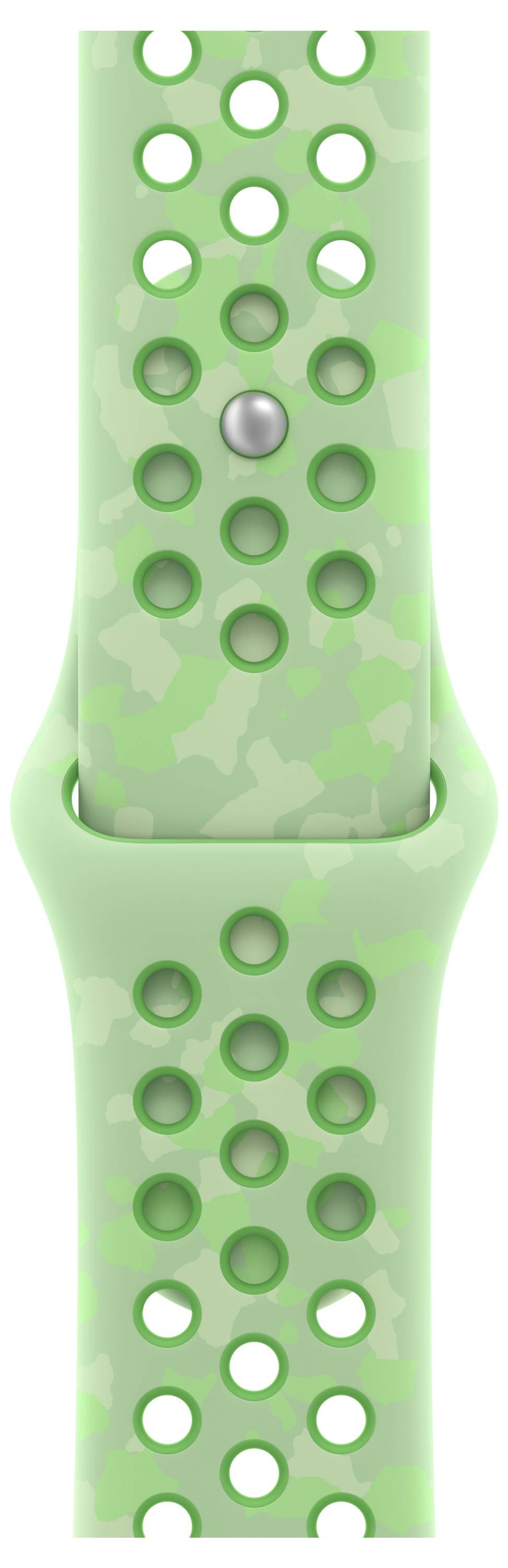 Grünes perforiertes Silikonarmband mit kreisförmigen Verstellungslöchern und einem Metallschiebeverschluss-Detail