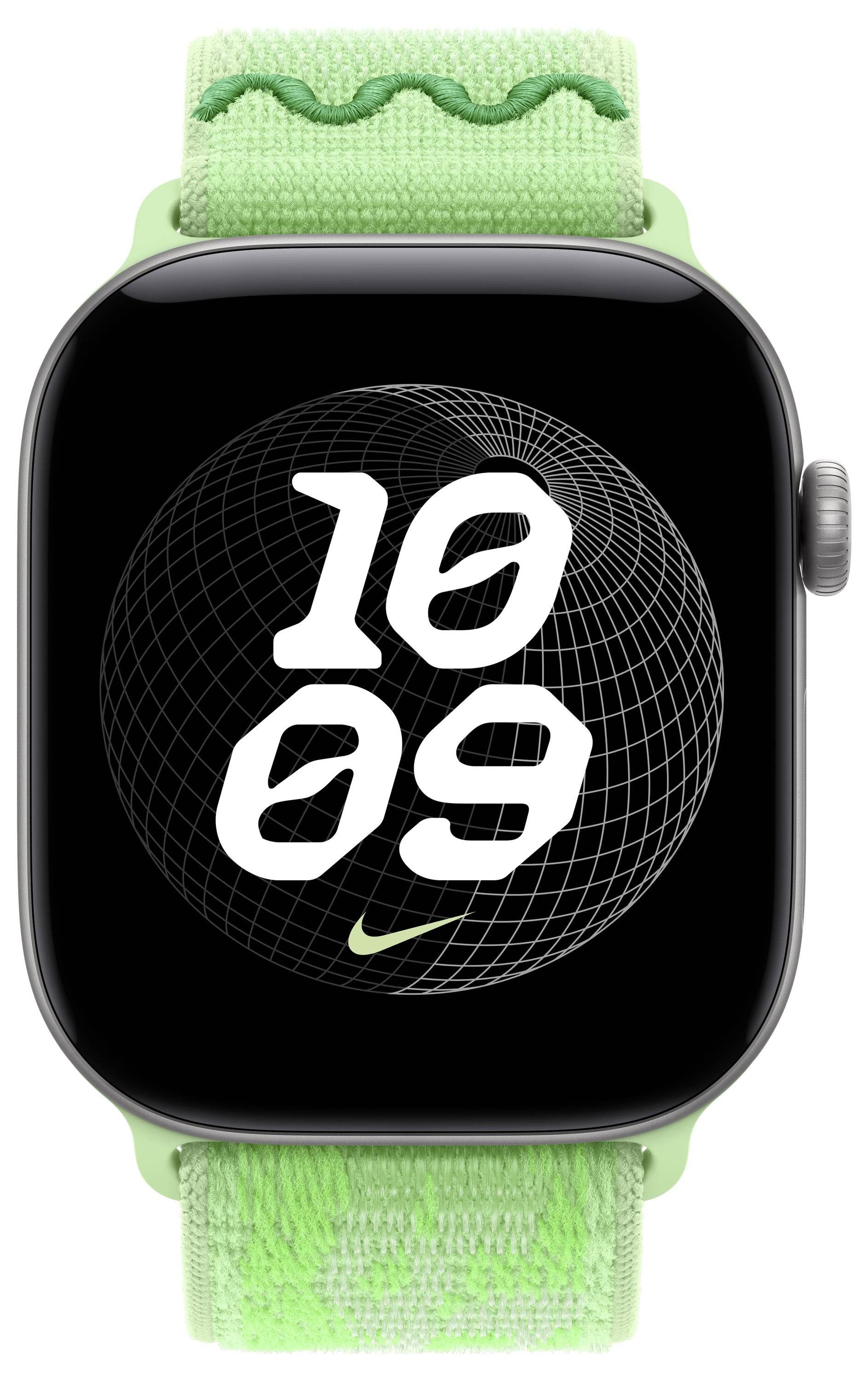 Grüne Apple Watch mit schwarzem Zifferblatt, das 10:09 anzeigt, über einem Drahtgitter-Globus und Nike-Logo auf einem grünen gewebten Armband.