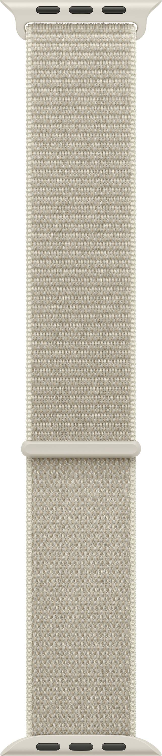 Beige geflochtenes Uhrenarmband mit Metallverbinder und verstellbarer Schlaufe, vertikal auf weißem Hintergrund dargestellt.