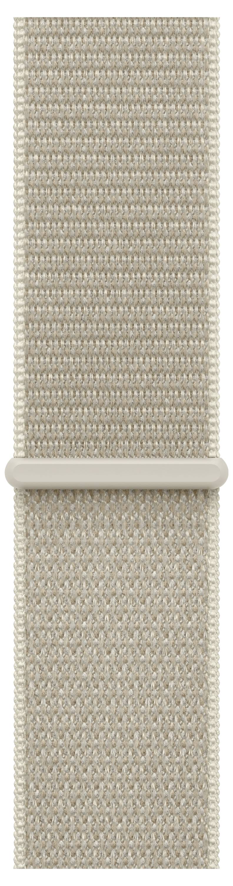 Beige gewebter Stoffgurt mit einem abgerundeten Halter in der Mitte, vertikal auf weißem Hintergrund dargestellt.