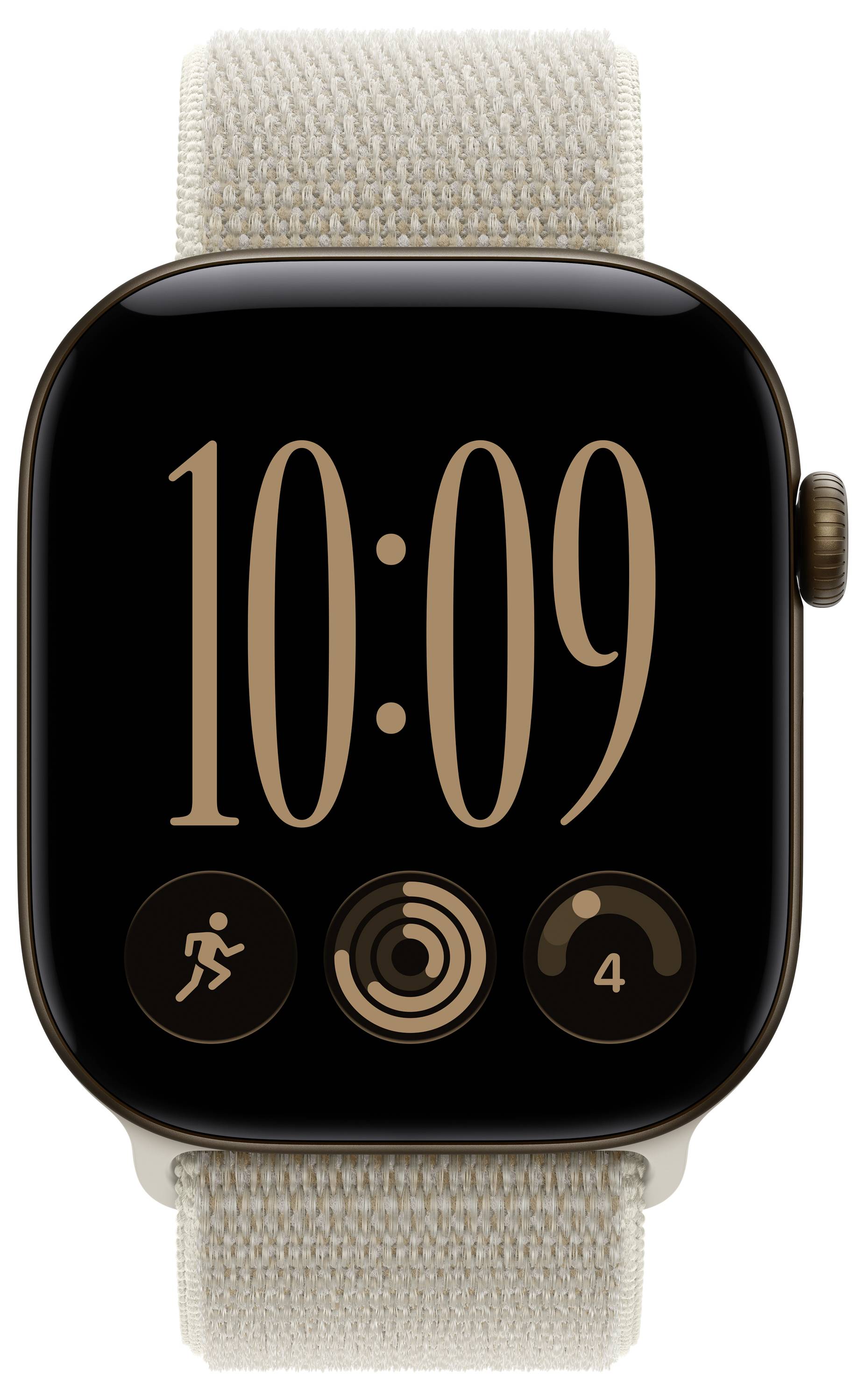 Apple Watch mit beigem Armband, das ein schwarzes Zifferblatt mit der Uhrzeit 10:09 und drei Aktivitäts-Komplikationssymbolen anzeigt