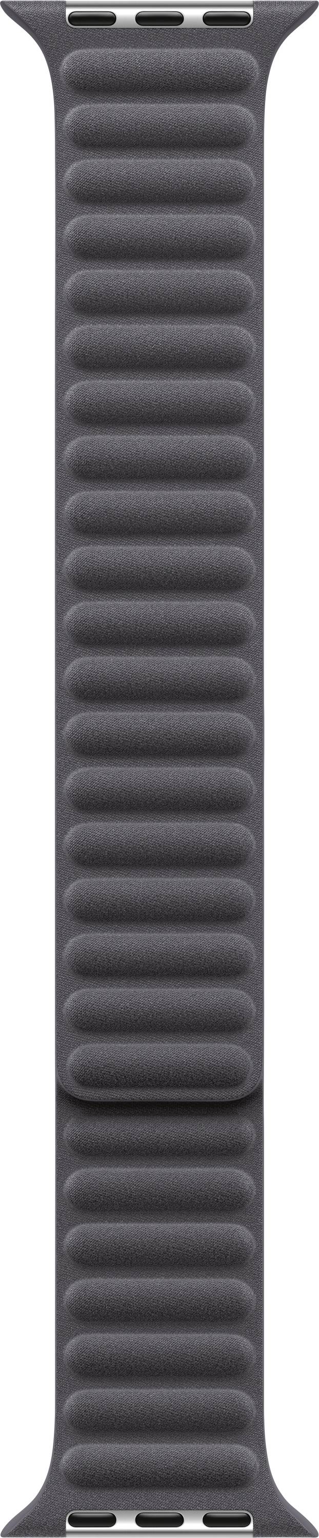 Dunkelgraues, geripptes Silikonarmband mit perforierten Schlitzen an beiden Enden, vertikal auf weißem Hintergrund dargestellt.
