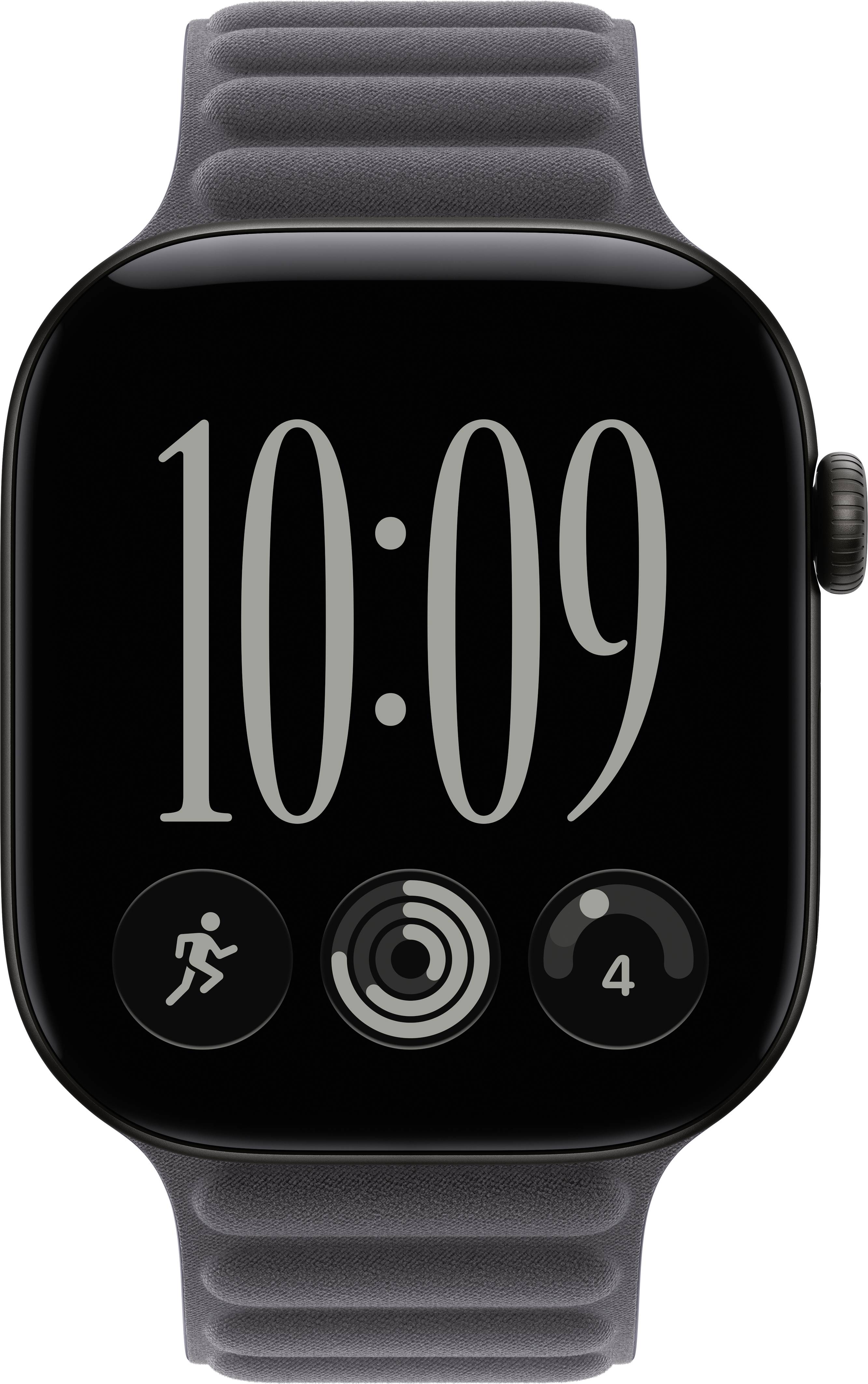 Schwarze Apple Watch mit grauem Armband, das 10:09 anzeigt und drei kreisförmige Aktivitätssymbole auf dem Display