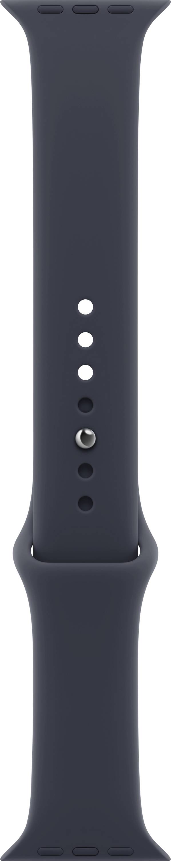 Dunkelgraues Silikon-Smartwatch-Armband mit mehreren Verstelllöchern und silbernem Stiftkonnektoren.