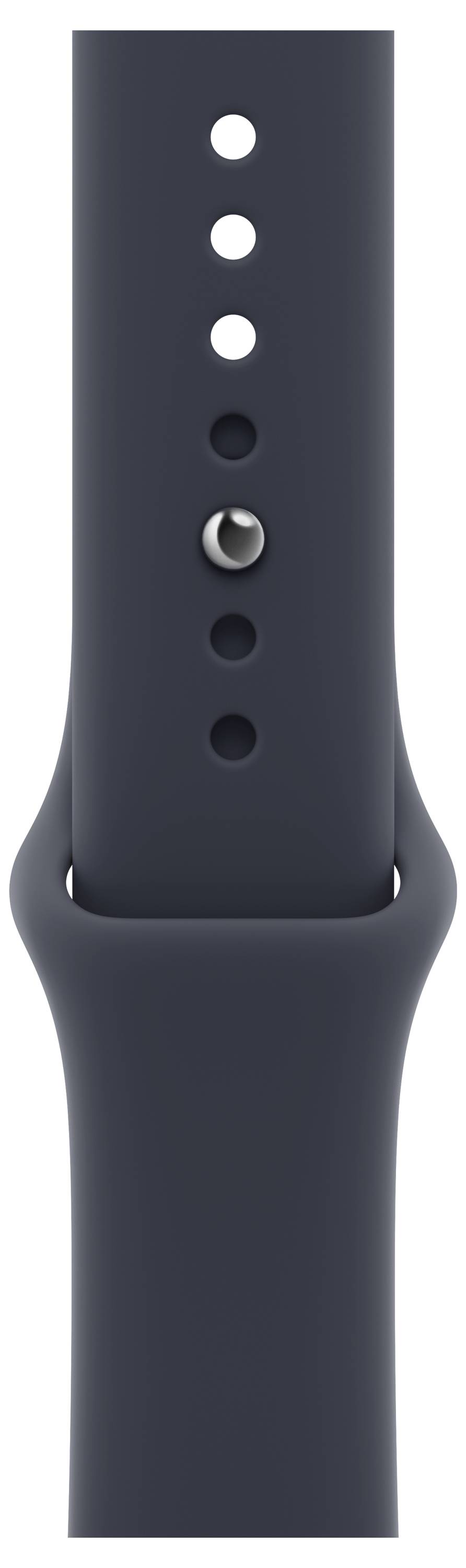 Nahaufnahme eines dunklen Smartwatch-Armband-Riemens mit sechs Verstellungslöchern und einer Metallstift-Schnallenverschluss.