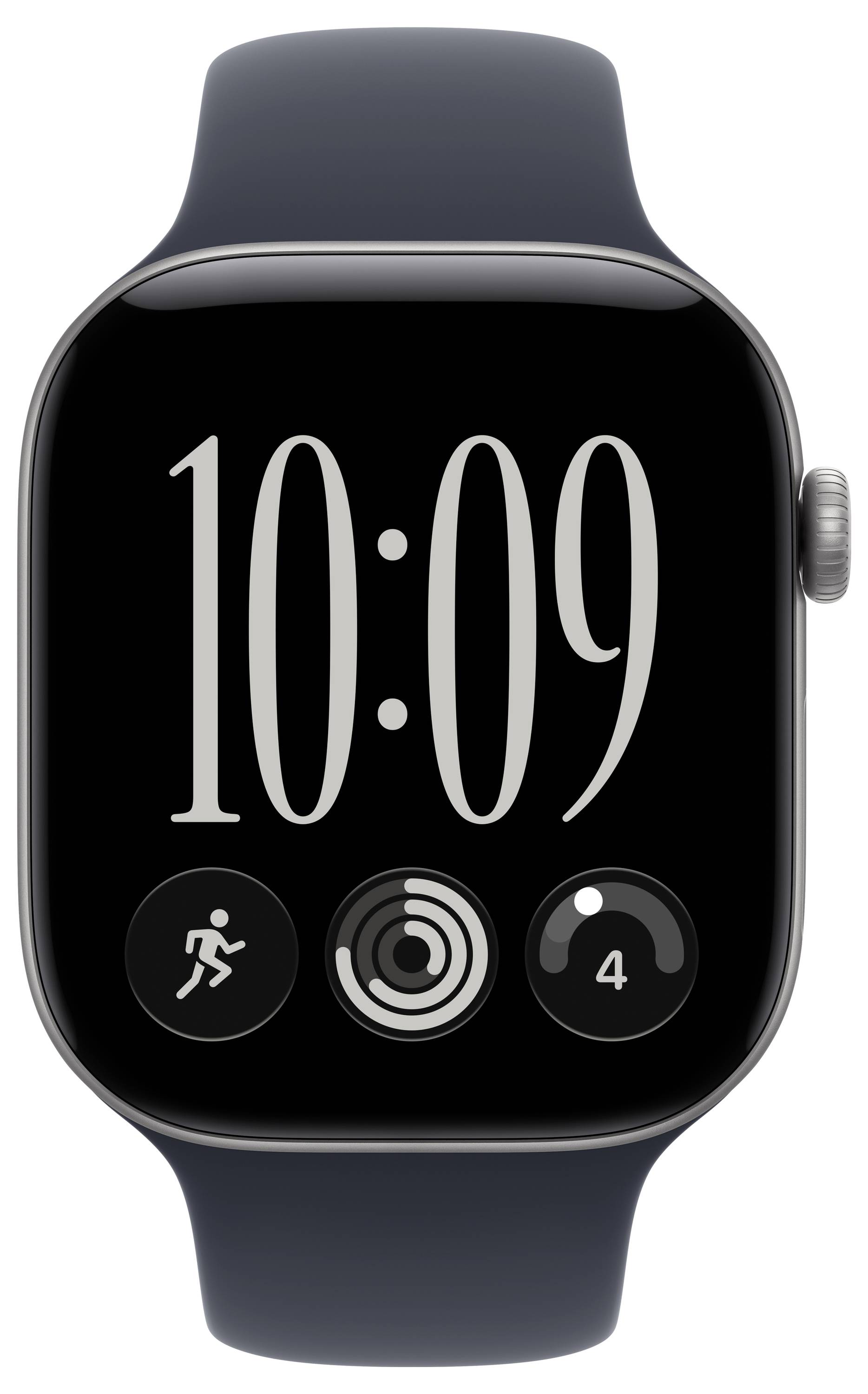 Apple Watch zeigt 10:09 auf einem schwarzen Bildschirm mit drei Aktivitätssymbolen entlang des unteren Randes
