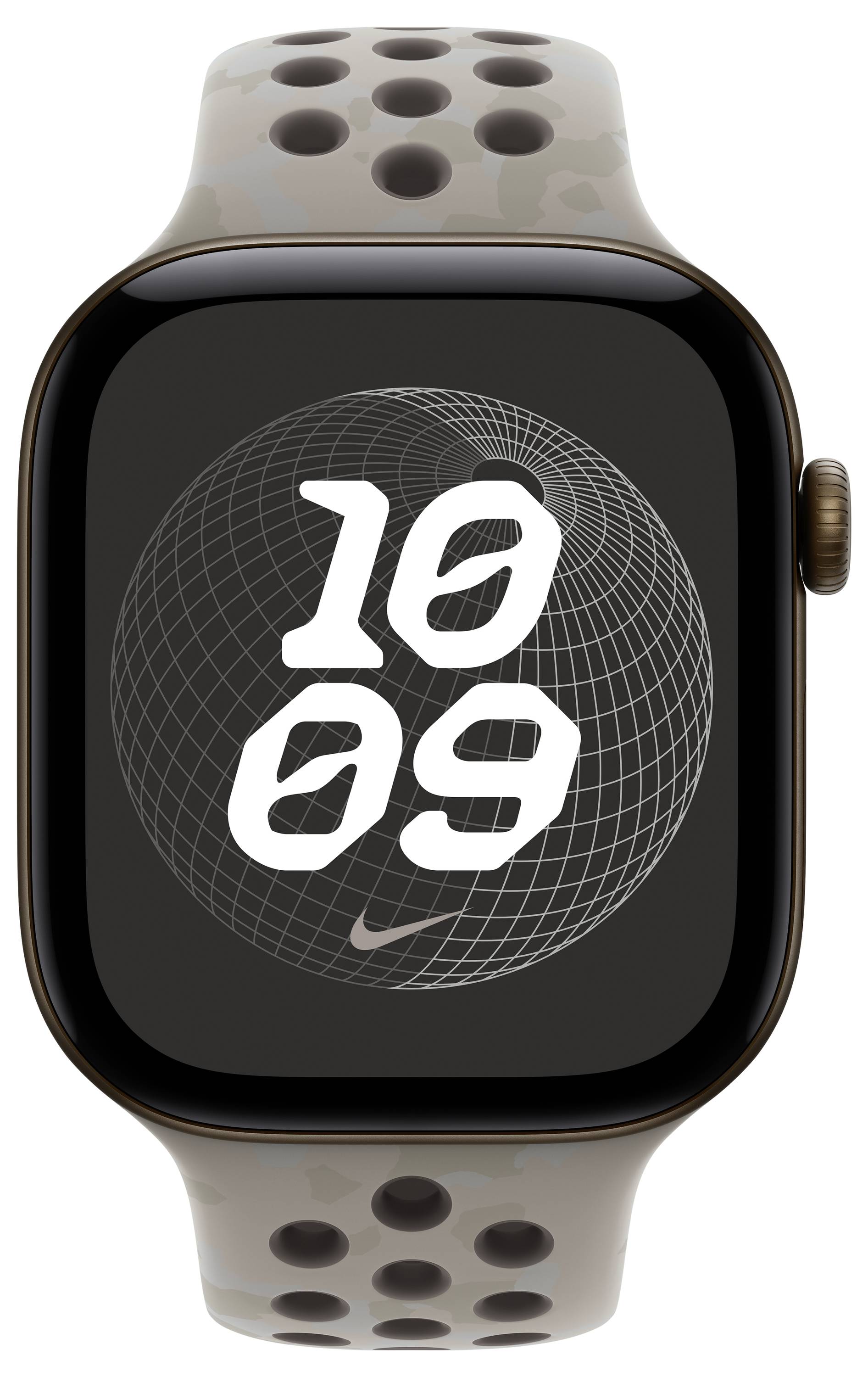 Apple Watch mit beigefarbenem perforiertem Sportarmband, schwarzem Zifferblatt, weißer Uhrzeit '10 09', Wireframe-Globus-Grafik und Nike-Logo.