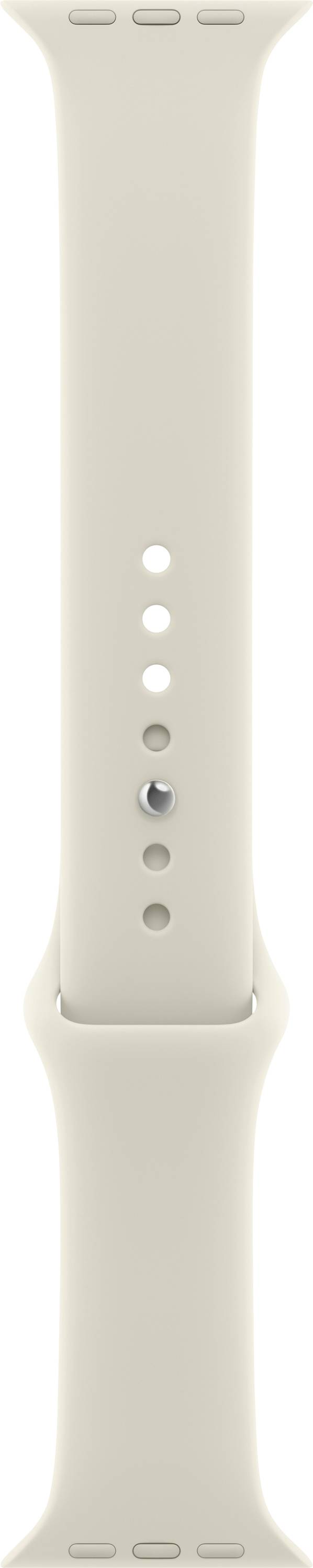 Beige Smartwatch-Armband mit mehreren Verstelllöchern und einer Metallschließe, vertikal auf neutralem Hintergrund dargestellt.