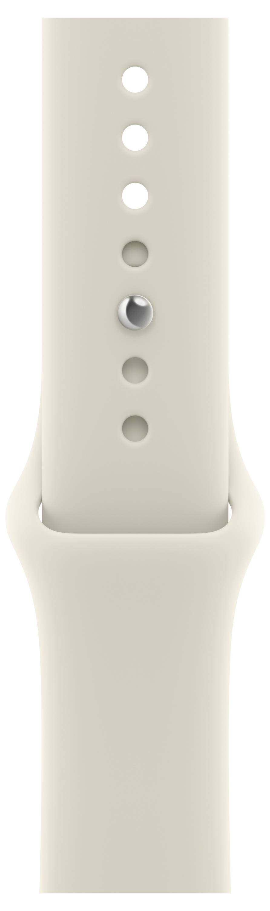 Nahaufnahme eines beigen Smartwatch-Armbands mit sechs Verstellungslöchern und einer silbernen Schnallenklappe.