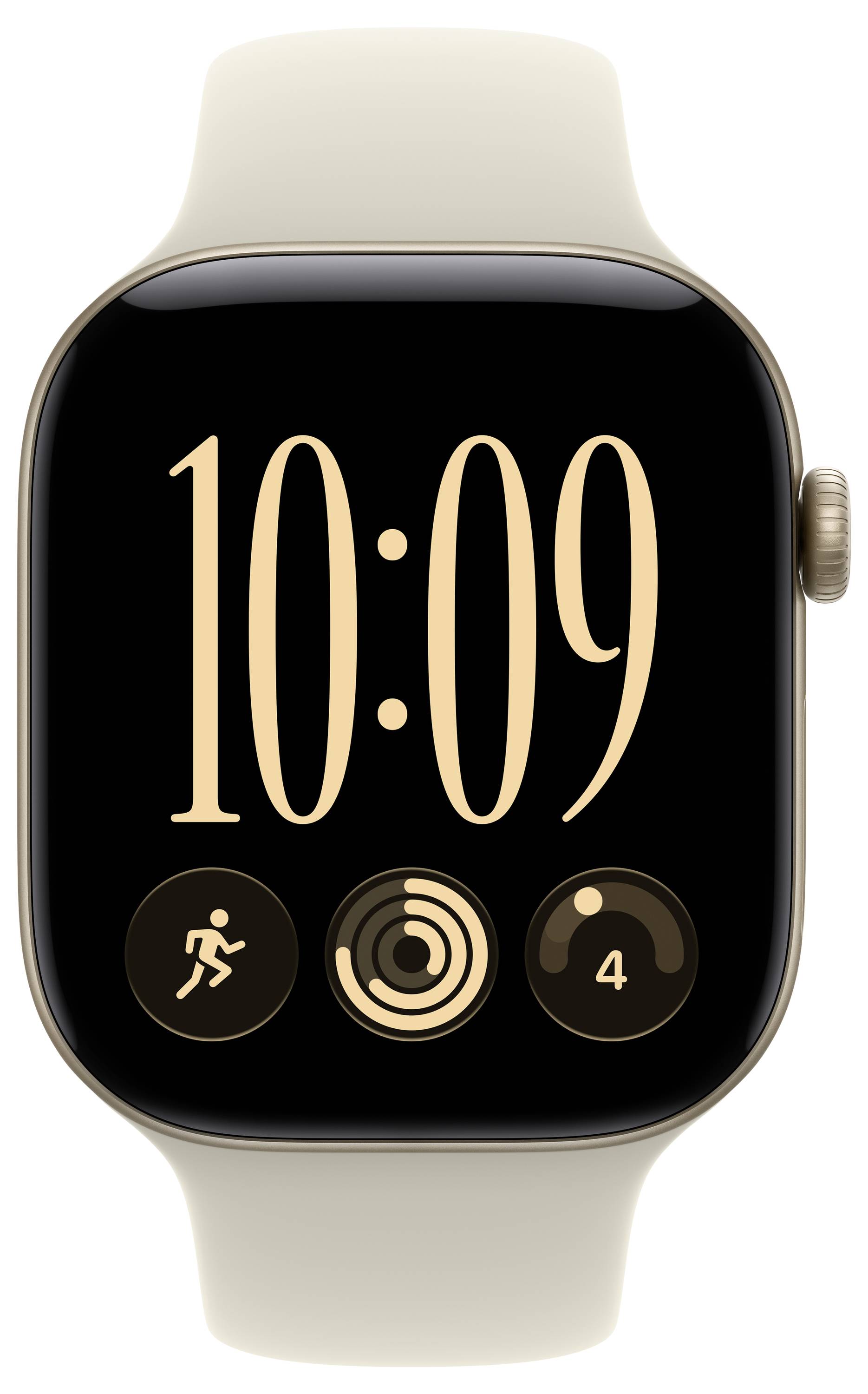 Apple Watch mit einem beigefarbenen Armband, das 10:09 anzeigt, mit Trainings-, Aktivitätsringen und einer Schrittanzahl von 4 auf dem Display.