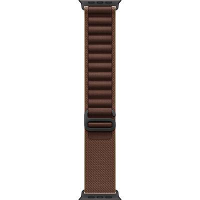 Braunes gewebtes Smartwatch-Armband mit schwarzer Schließe und Schlaufe, vertikal auf weißem Hintergrund dargestellt.