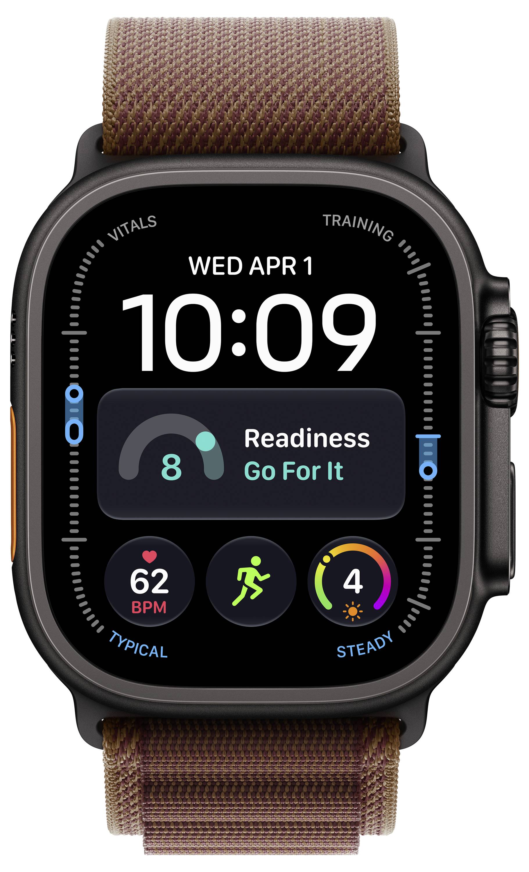 Apple Watch zeigt die Uhrzeit 10:09 auf Mi 1. Apr an, mit einem Fitness-Readiness-Score von 8 und Status „Ganz auf's Ganze", Herzfrequenz 62 BPM.