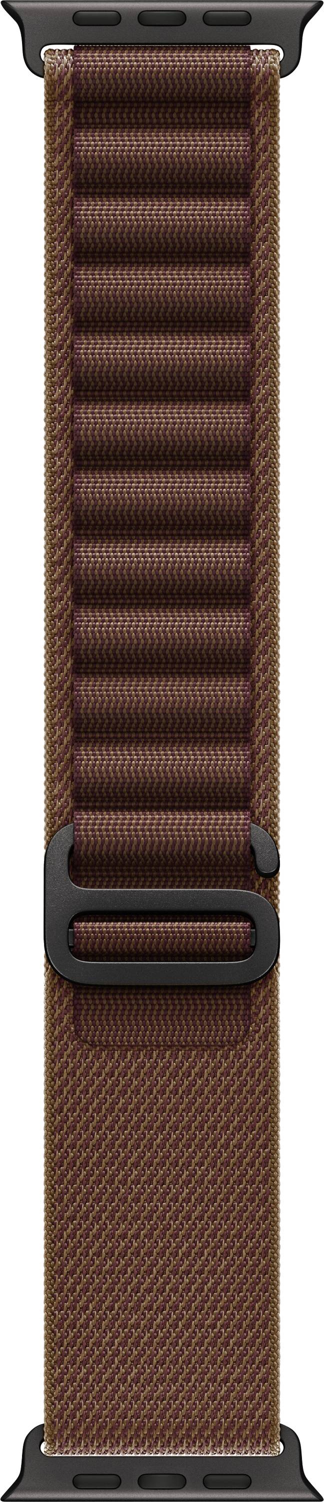 Braunes gewebtes Uhrenarmband mit schwarzem Stecker, vertikal auf weißem Hintergrund dargestellt.