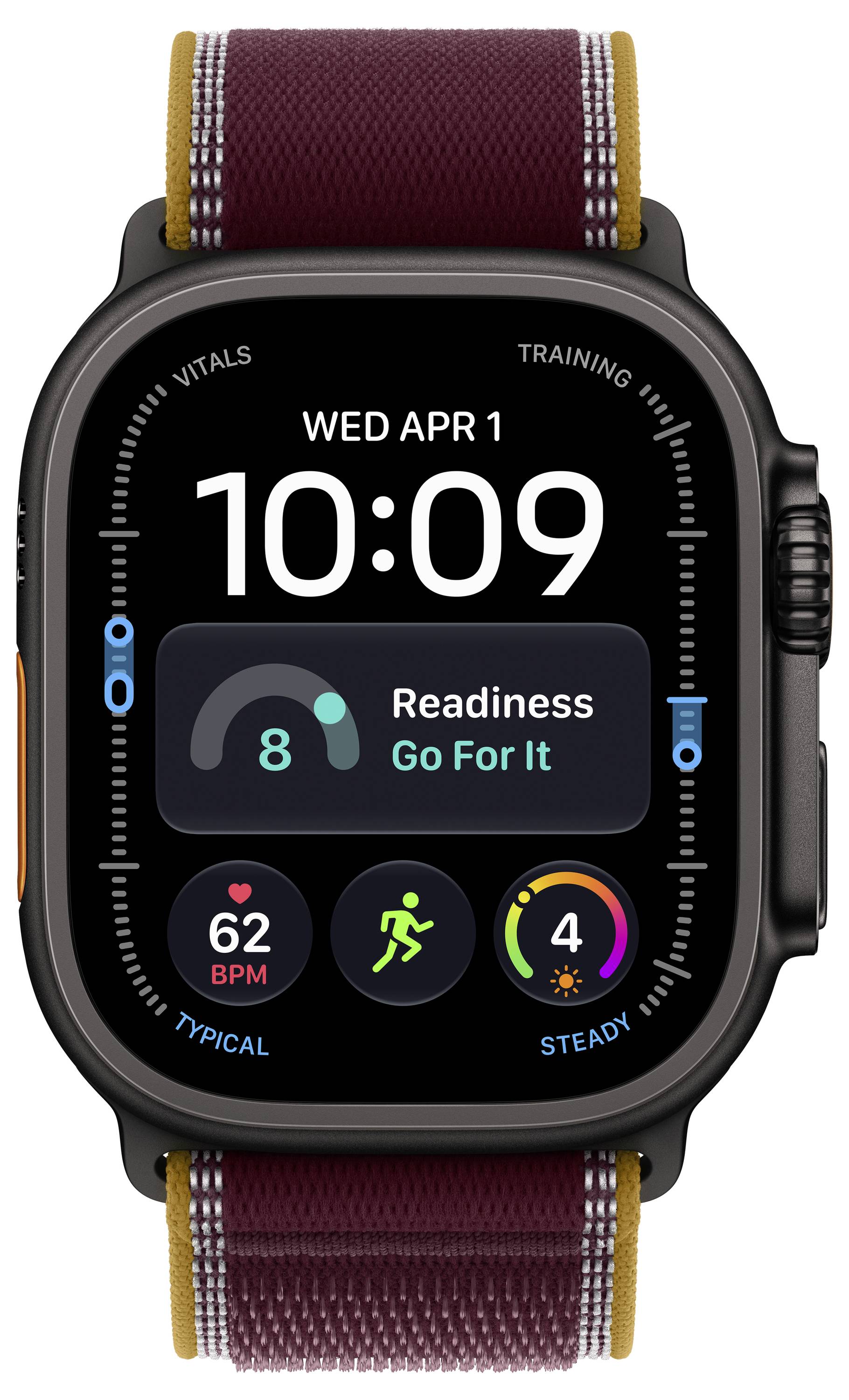 Apple Watch zeigt 10:09 an Mi 1. Apr mit einer „Bereitschafts"-Karte, die „Los geht's" sagt, Herzfrequenz 62 BPM und Aktivitätsringe.