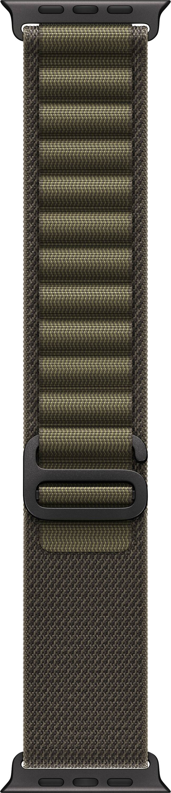 Nahaufnahme eines schwarz und olivgrün gewebten Nylon-Uhrenarmbands mit rechteckigen Schlaufen und einer Metallschließe, vertikal auf weißem Hintergrund dargestellt.
