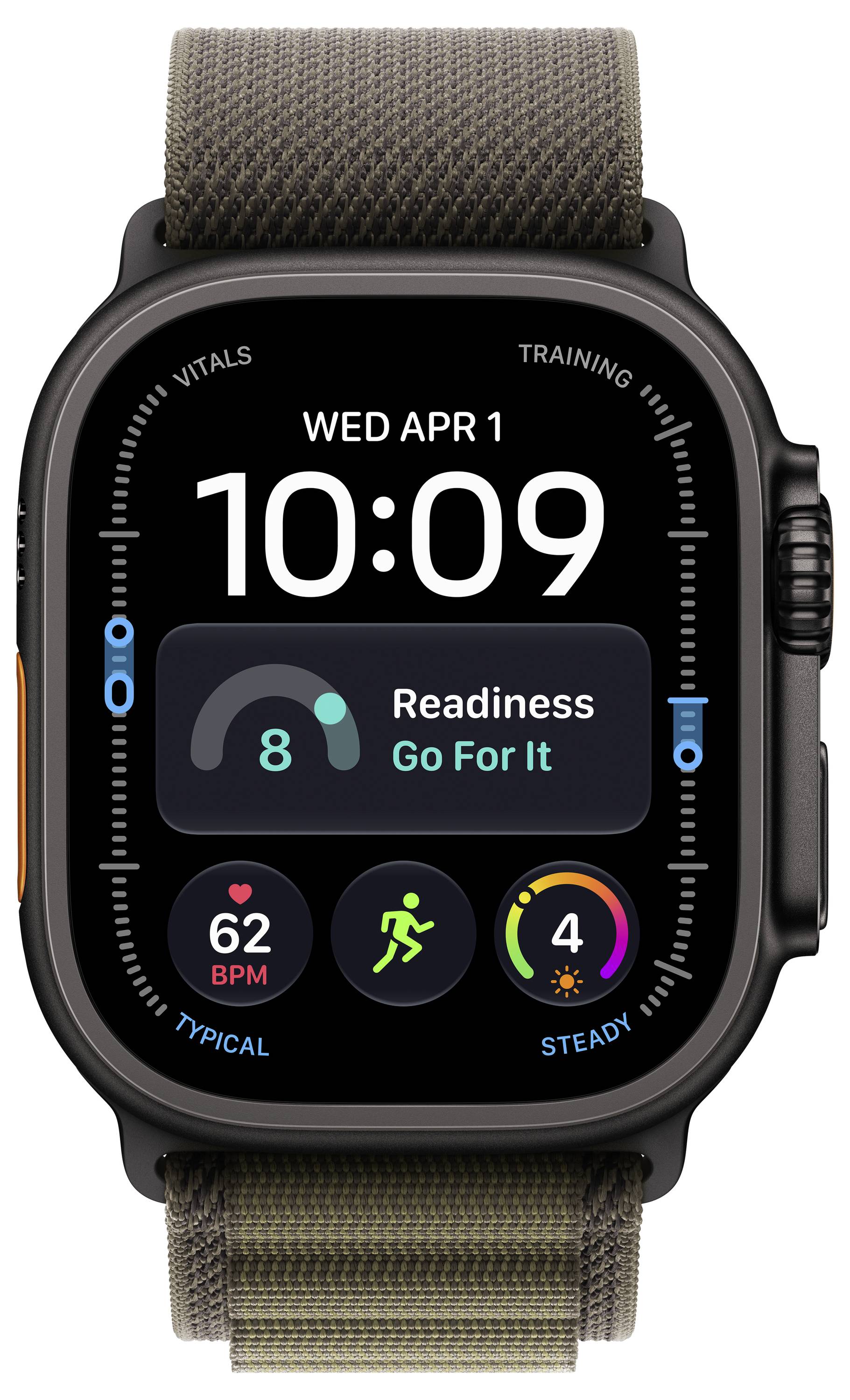 Smartwatch-Startbildschirm mit MI 1. APR, Uhrzeit 10:09, Leistungsbereitschaftswert 8 mit Meldung „Los geht's", Herzfrequenz 62 Schläge pro Minute und Trainings-/Aktivitätssymbolen.