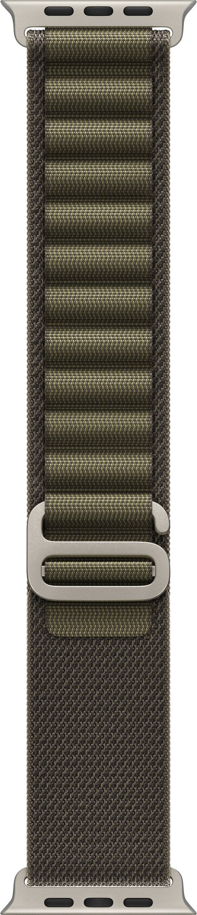 Vertikales olivgrünes gewebtes Uhrenarmband mit hellbraunem Metallzubehör und Schnallenverschluss.