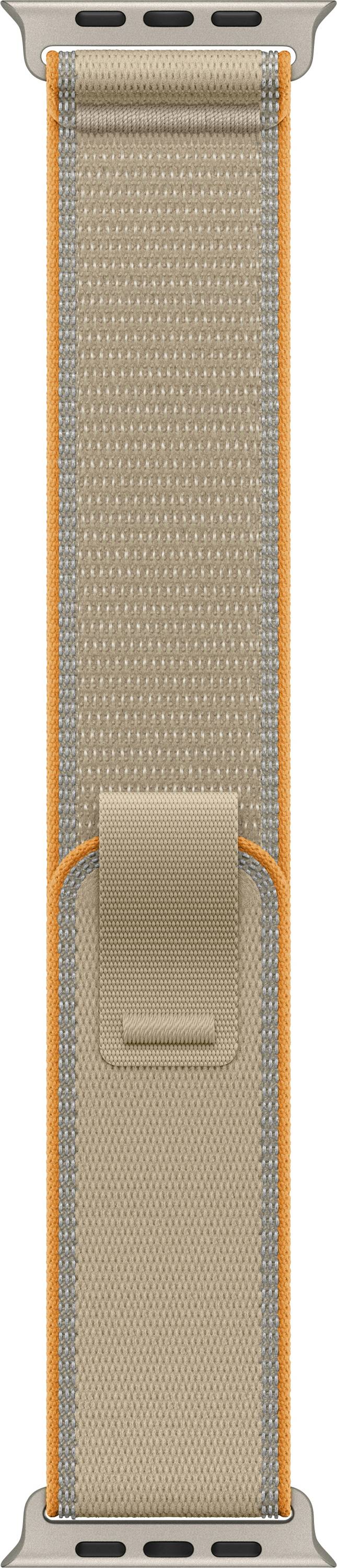 Beiges gewebtes Uhrenarmband mit orangefarbener Kanteneinfassung und passendem Schlaufenhalter, vertikal auf weißem Hintergrund dargestellt.