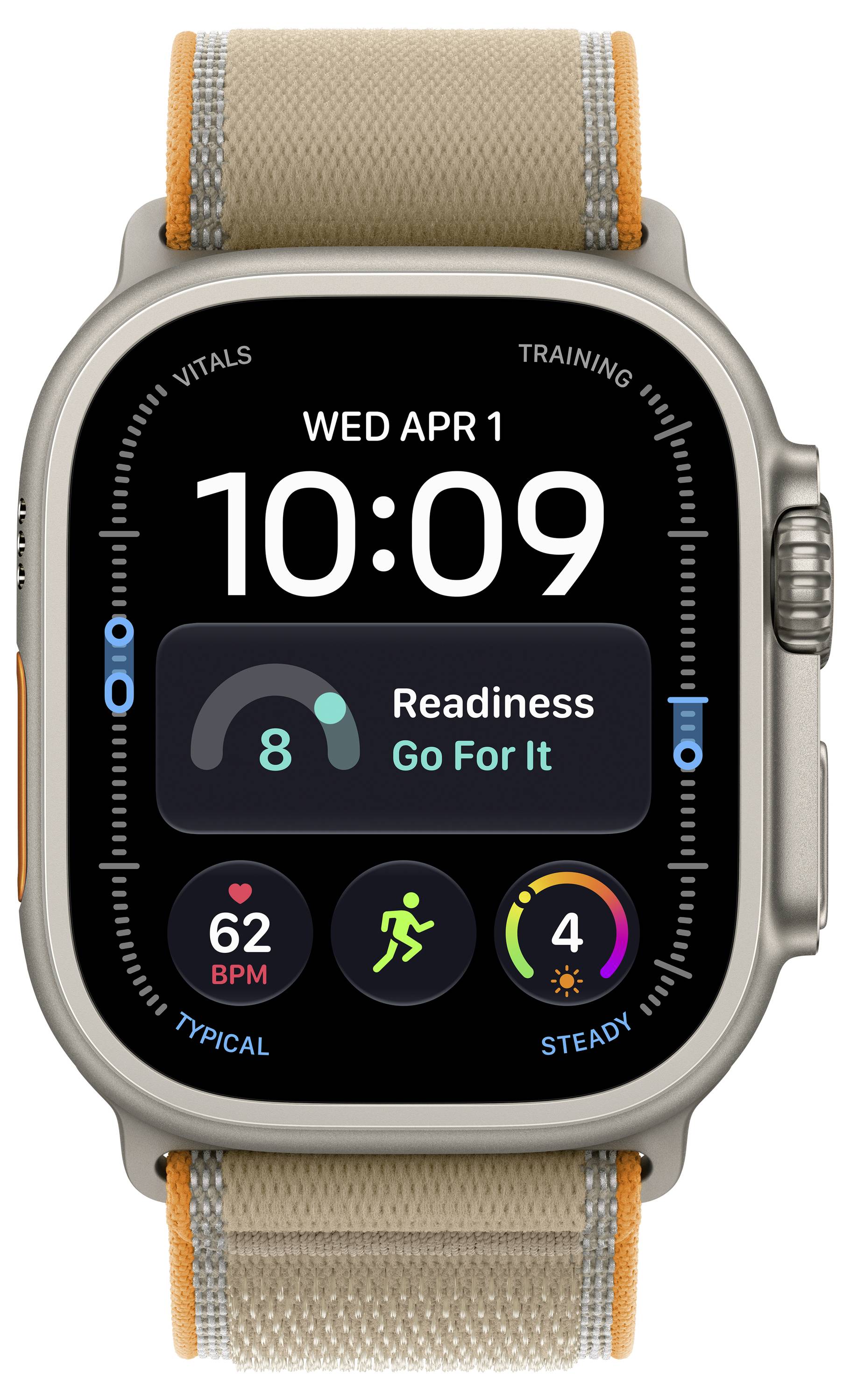 Apple Watch zeigt 10:09 am Mittwoch 1. April an mit einer Readiness-Bewertung von 8 und „Voll durchstarten", sowie Herzfrequenz 62 BPM und Aktivitätsringe.