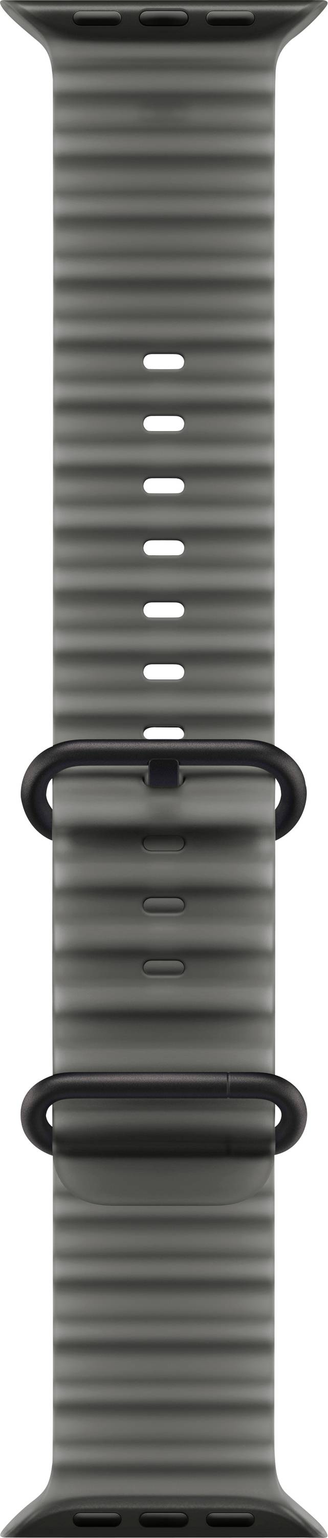 Schwarzes Apple Watch Armband mit zwei Metallschleifen-Anschlüssen und verstellbaren Riemensegmenten.