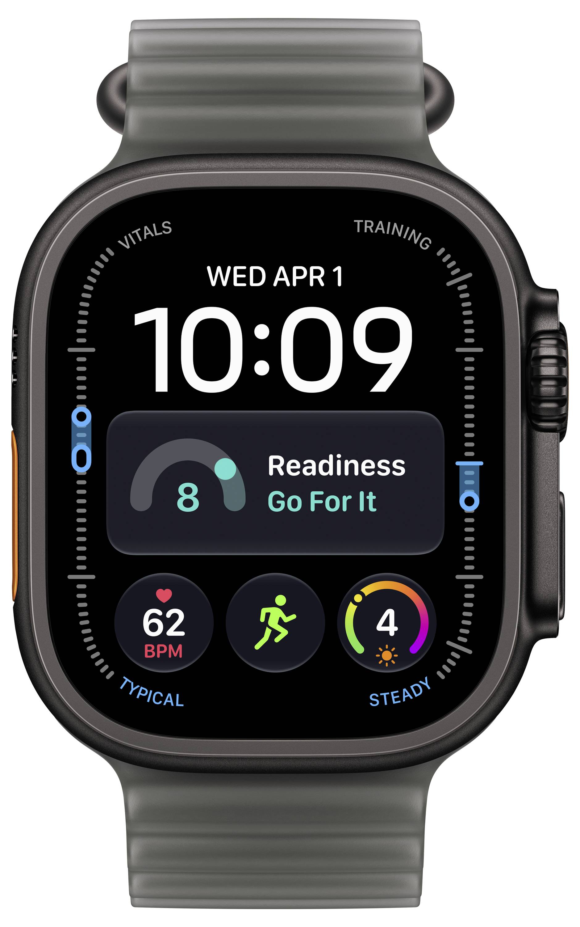 Apple Watch-Bildschirm zeigt 10:09 am Mi 1. Apr mit Fitness-Widgets: Bereitschaft „Los geht's", Herzfrequenz 62 BPM, Aktivität und Schlafbewertung 4.