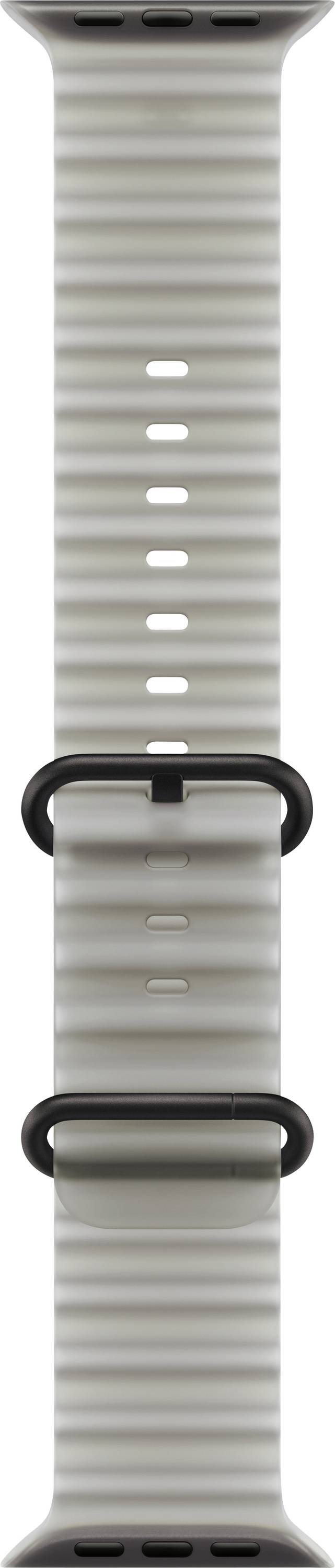 Nahaufnahme eines hellgrauen Smartwatch-Armbands mit horizontalen Rillen und zwei schwarzen Schleifen, die verstellbare Riemenlöcher zeigen.
