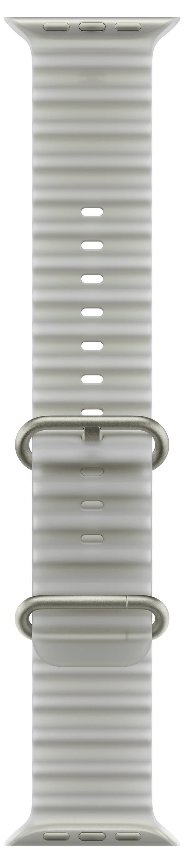 Silbernes Apple Watch-Armband mit verstellbaren Perforationen und zwei metallenen Schlaufenverschlüssen, zentriert auf weißem Hintergrund.