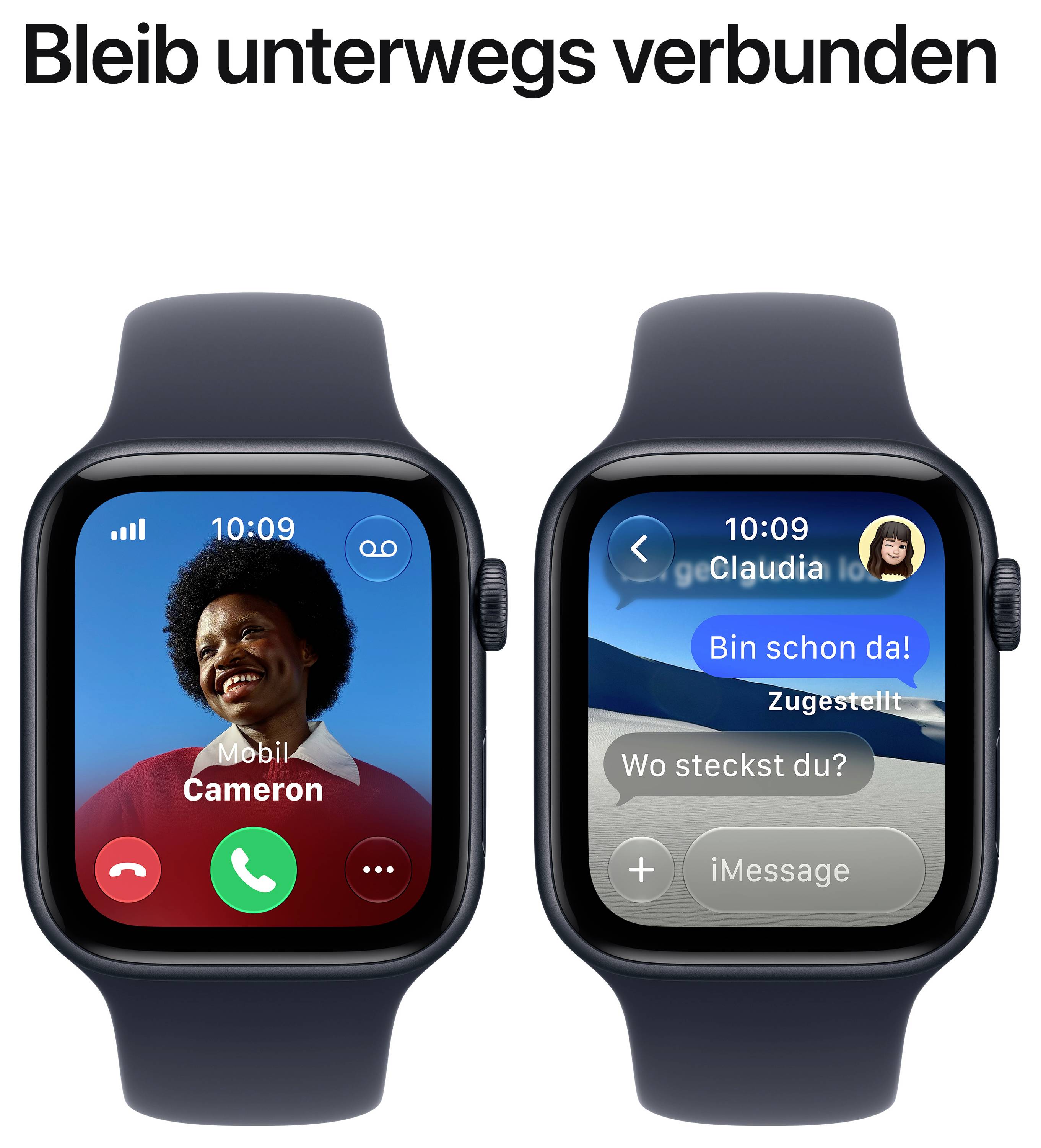 Werbebild mit zwei Apple Watches und dem Text 'Bleib unterwegs verbunden'; links ein Anruf von Cameron, rechts eine iMessage-Unterhaltung mit Claudia.