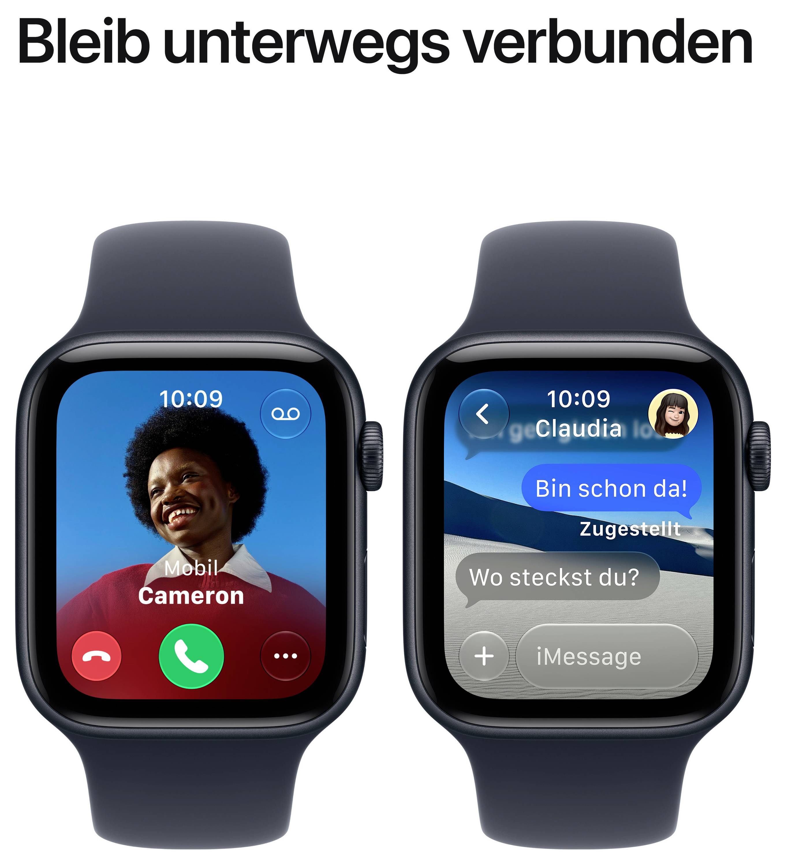Werbung für die Apple Watch: Zwei Uhren zeigen Anruf und Nachrichten; Text oben: 'Bleib unterwegs verbunden'.