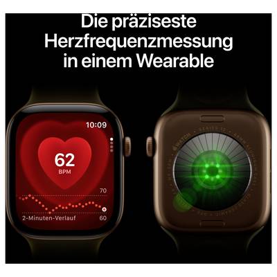 Werbeanzeige mit zwei Smartwatches: links Herzfrequenzanzeige '62 BPM' und 2-Minuten-Verlauf, rechts grüner Sensor. Überschrift: 'Die präziseste Herzfrequenzmessung in einem Wearable'<br>