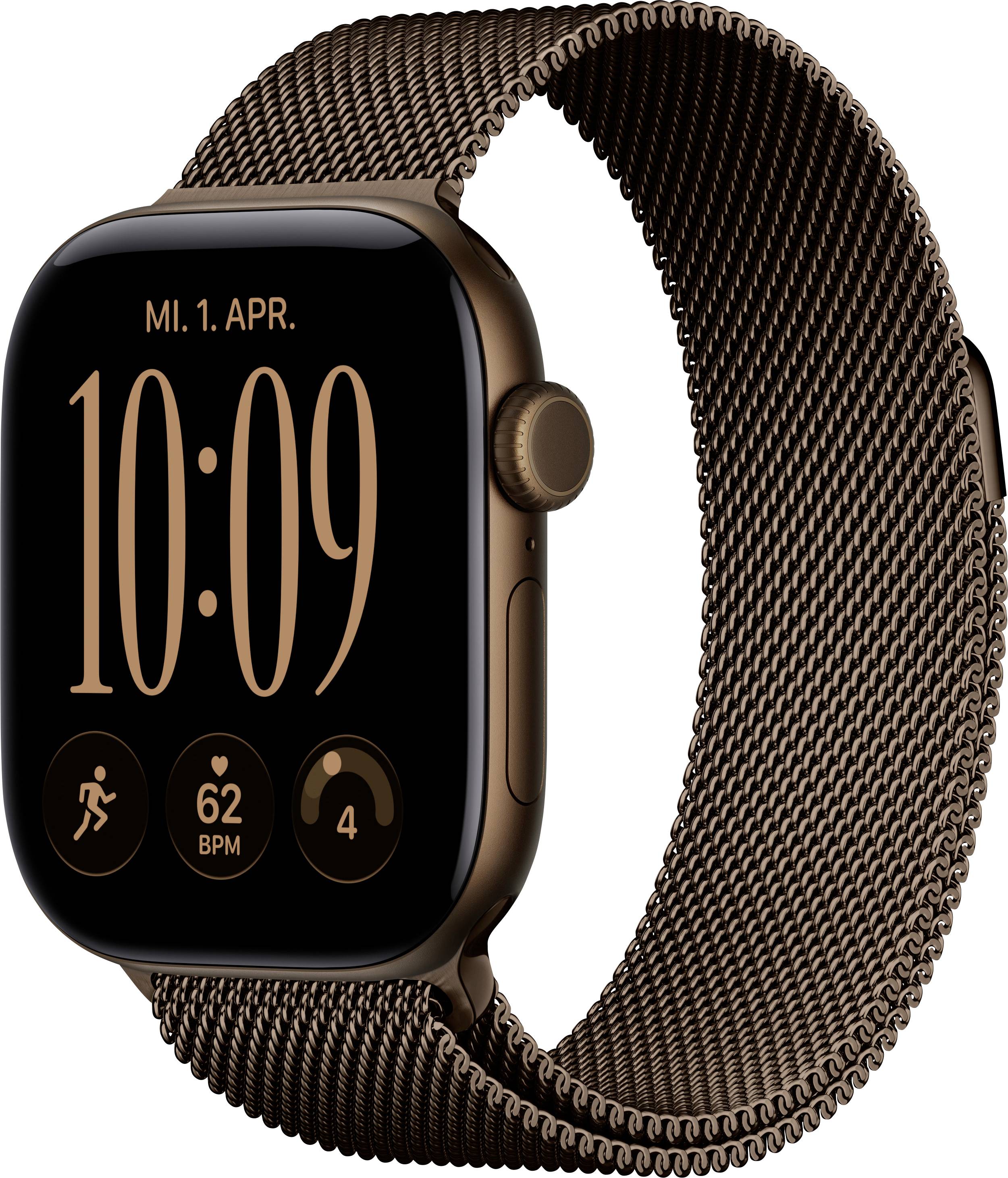Braune Smartwatch mit Mesh-Band zeigt 10:09 Uhr, Datum „MI. 1. APR." und drei Aktivitäts-/Gesundheitssymbole auf dem Display.