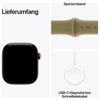 Lieferumfang: Smartwatch, Sportarmband und USB-C magnetisches Schnellladekabel.
