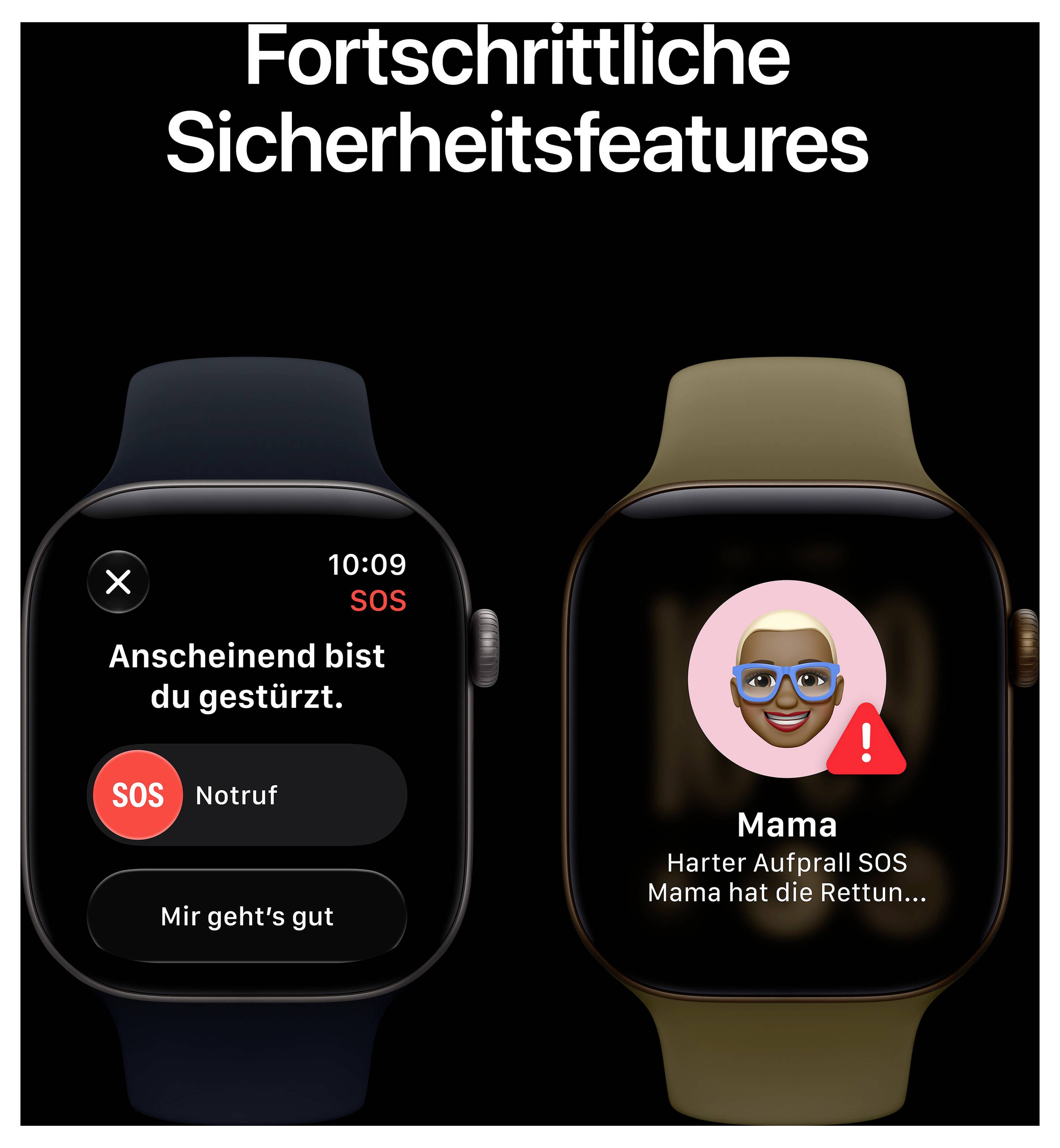 Werbegrafik mit zwei Smartwatches und dem Titel 'Fortschrittliche Sicherheitsfeatures'; zeigt Sturzerkennung mit SOS-Notruf und eine Warnung bei hartem Aufprall für 'Mama'.