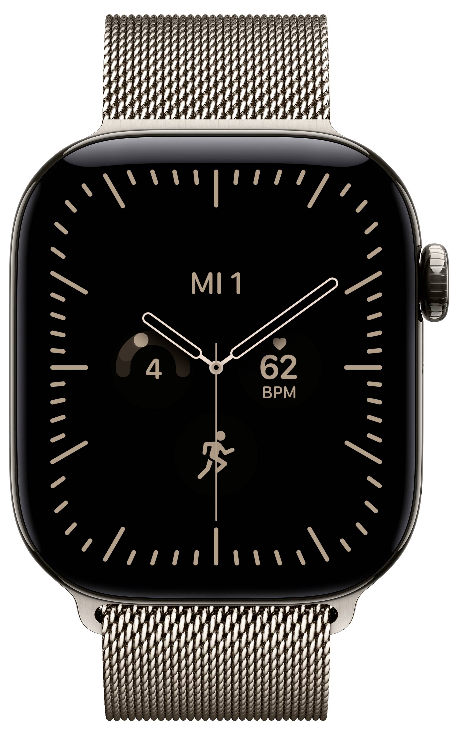 Goldene Apple Watch mit schwarzem analogem Zifferblatt, auf dem „MI 1" angezeigt wird, sowie Aktivitäts- und Herzfrequenz-Widgets und einem Mesh-Armband.
