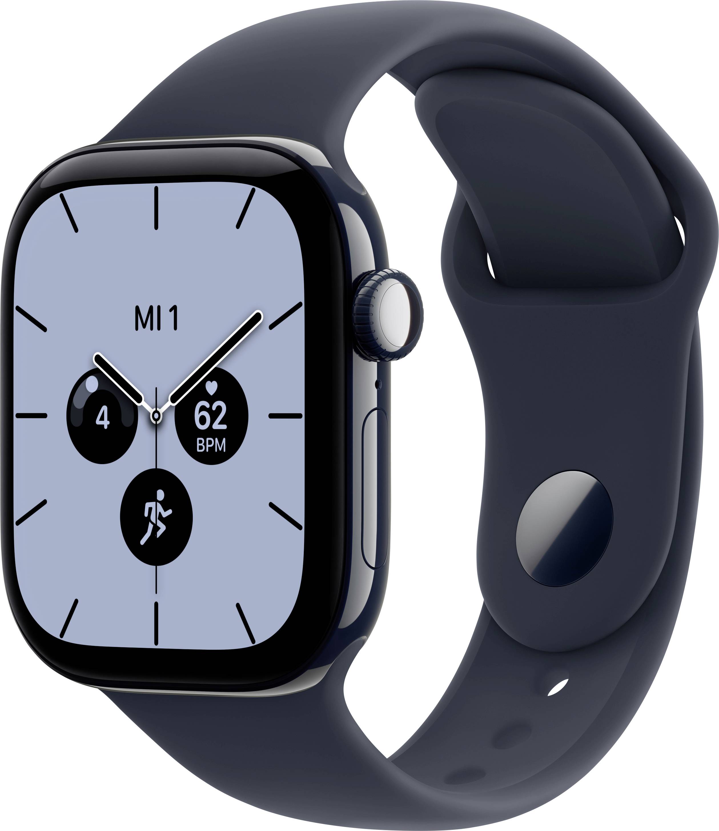 Smartwatch mit dunklem Armband und rechteckigem Gehäuse mit analogem Ziffernblatt, Zeit 4:20, Herzfrequenz 62 BPM und Trainings-Symbol.