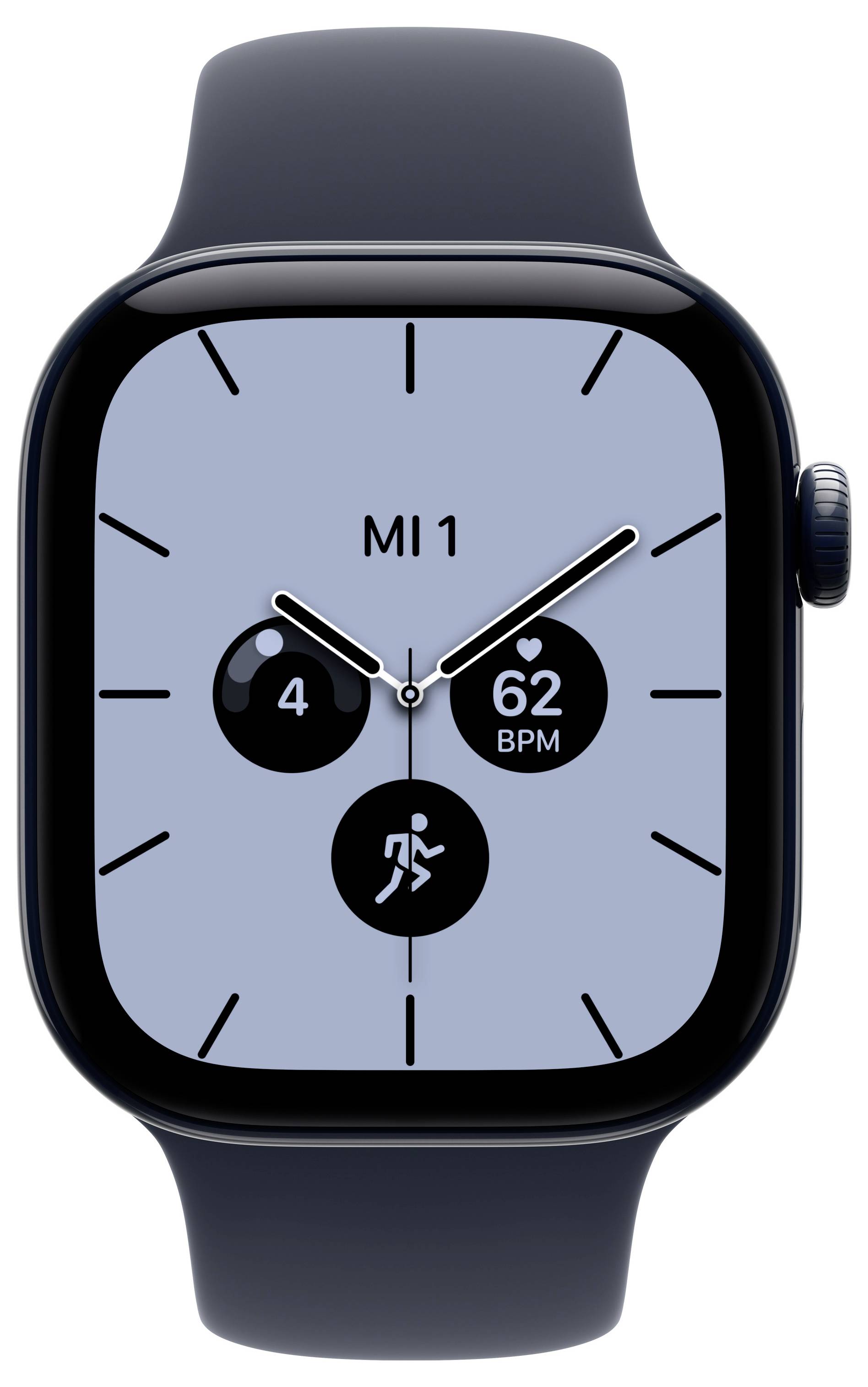 Smartwatch mit einem Zifferblatt mit der Bezeichnung MI 1, analogen Zeigern, Schrittanzahl 4, Herzfrequenz 62 BPM und einem Aktivitätssymbol.
