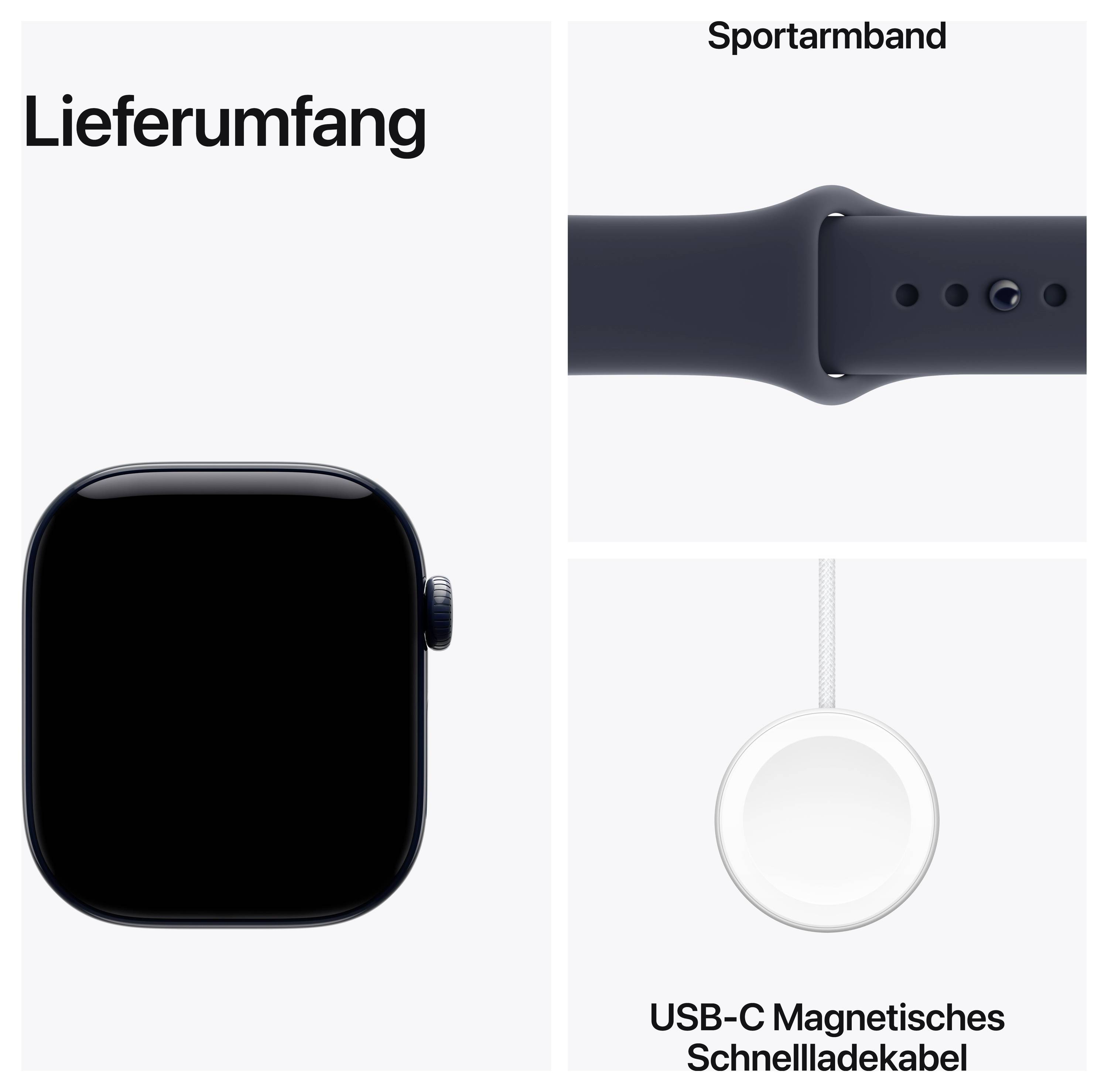 Lieferumfang: Smartwatch, Sportarmband und USB-C magnetisches Schnellladekabel.
