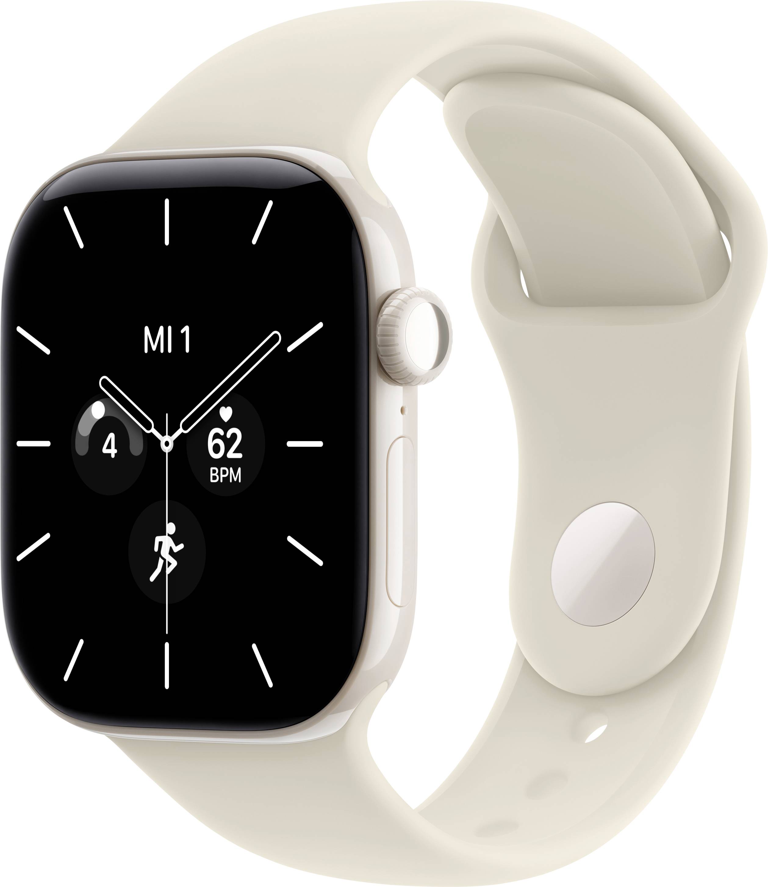 Creme Apple Watch mit MI1 digitalem Zifferblatt, das die Zeit, Herzfrequenz und Aktivitätssymbole auf einem beigefarbenen Armband anzeigt.